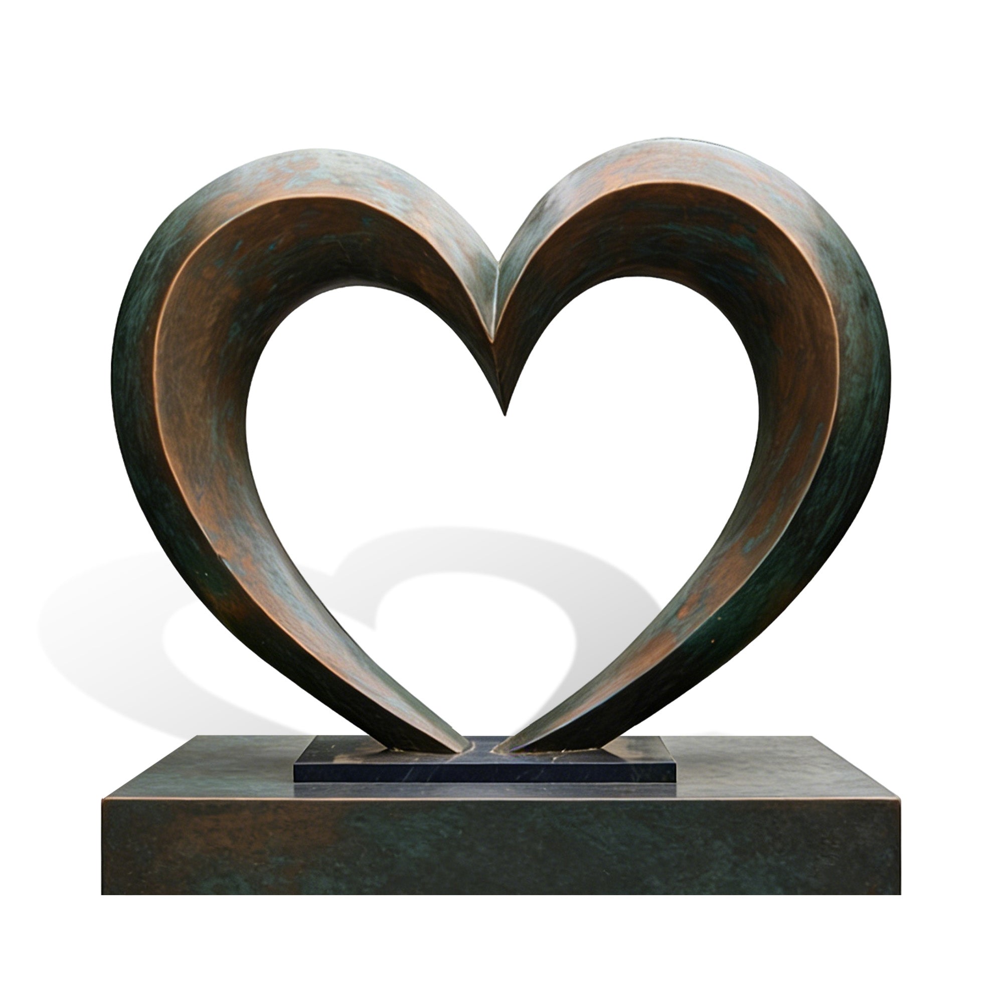 Bronze sculpture of two interlocking hearts on a white background