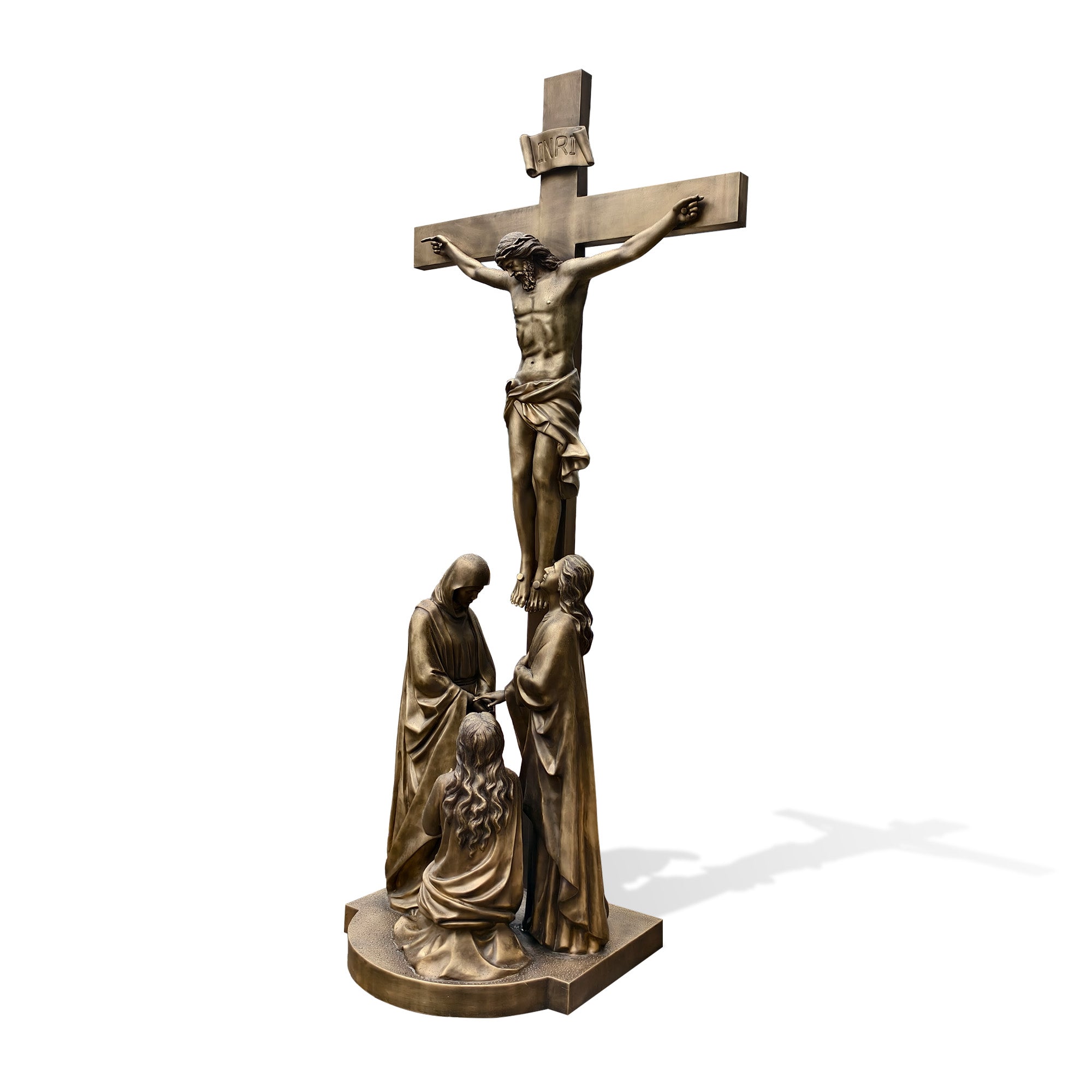 Bronze sculpture of a crucifixion scene on a white background