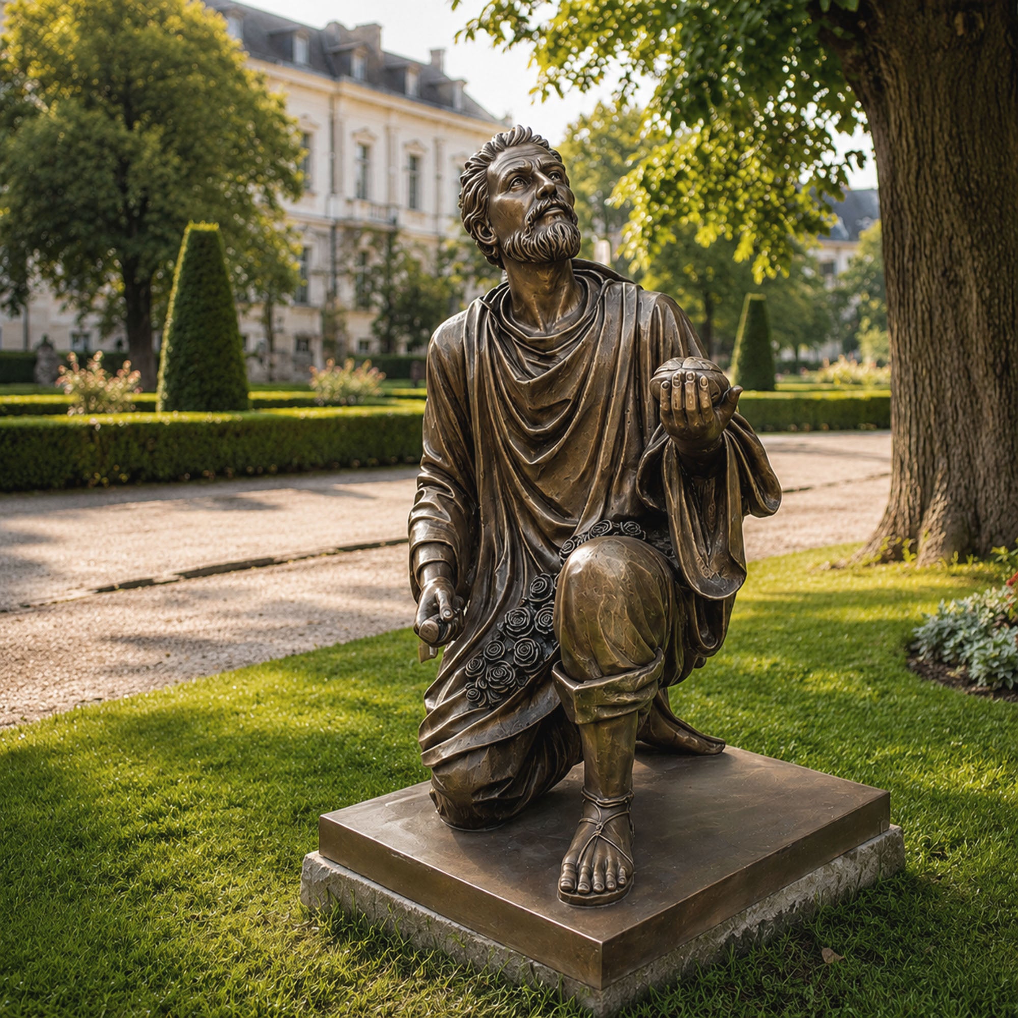 Bronze Saint Juan Diego garden statue displayed in a landscaped outdoor setting, depicting a humble figure in prayerful reflection and devotion.