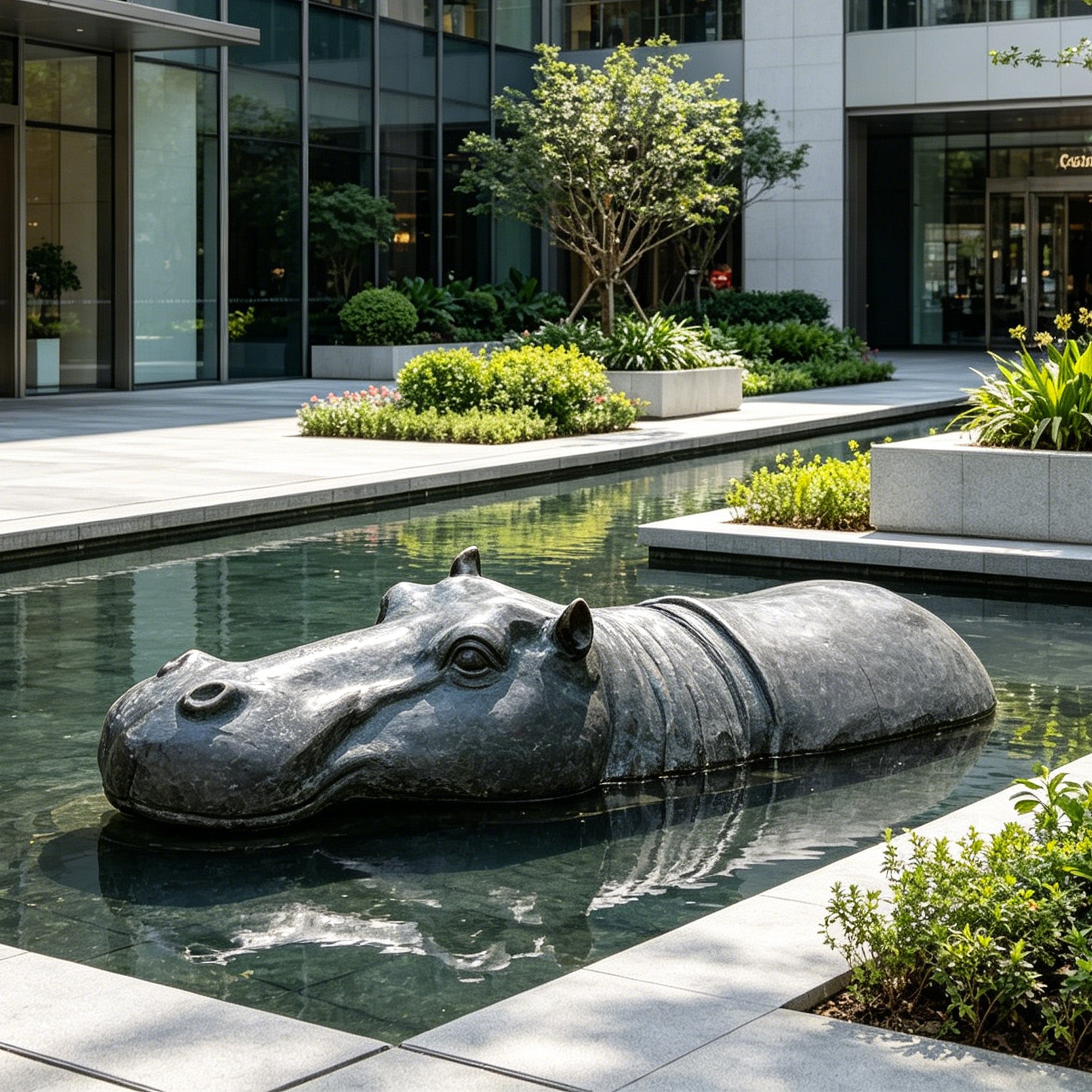 Bronze hippopotamus sculpture installed in a shallow courtyard pool as a water feature, surrounded by modern architecture, stone paving, and landscaped planters.