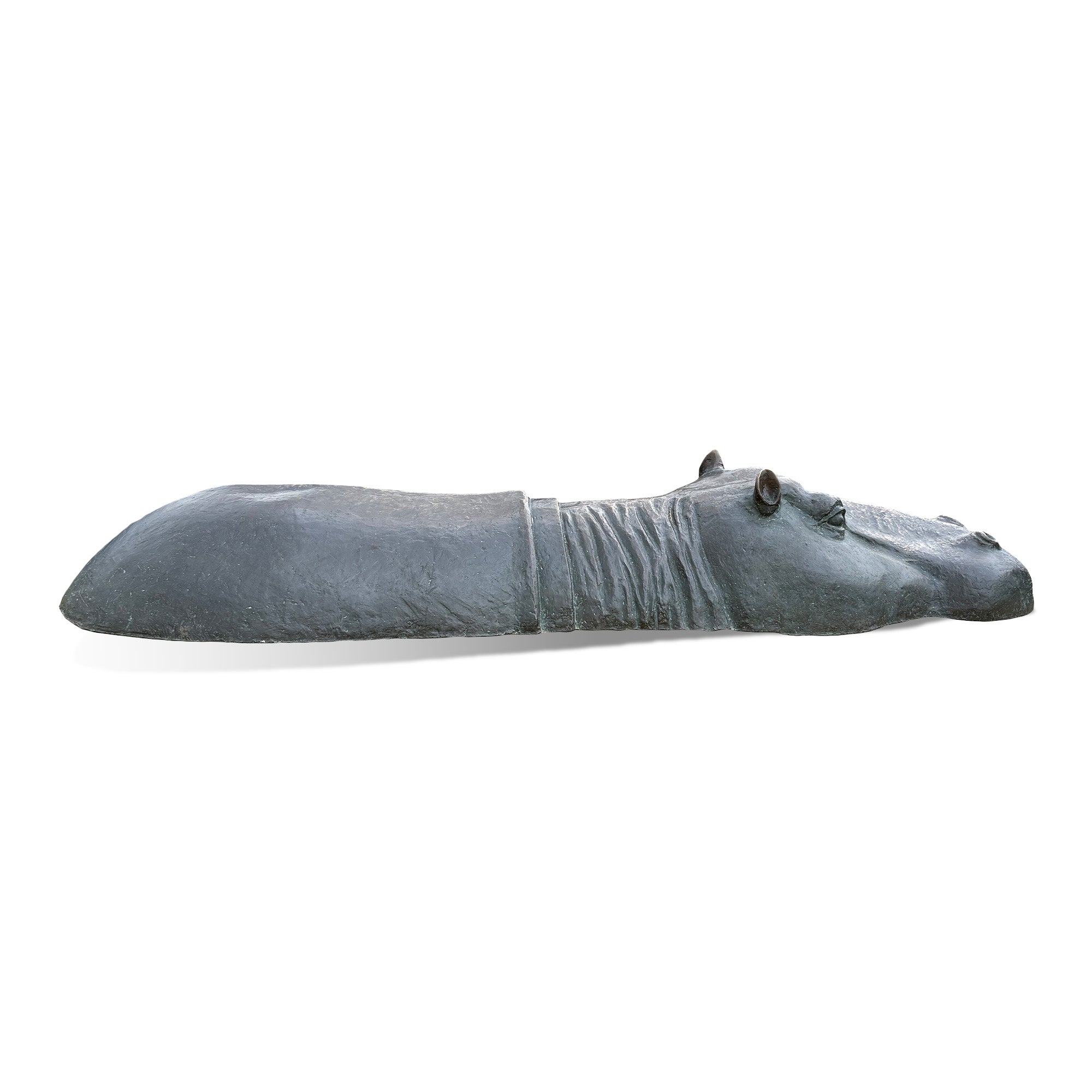 Reverse side profile of a bronze hippopotamus sculpture showing realistic skin texture, sculpted neck folds, raised ears, and a streamlined body on a white background.