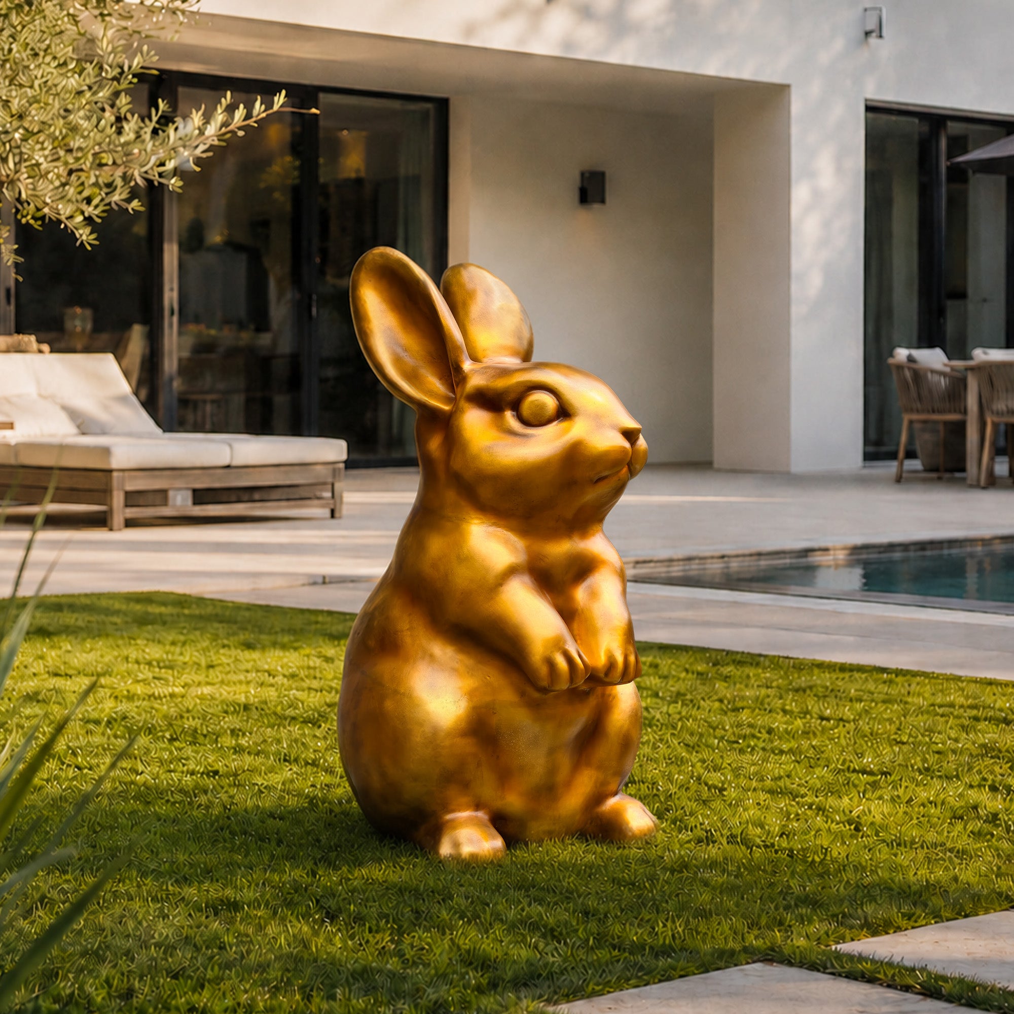 Three-quarter view of a golden bronze rabbit statue displayed on a poolside lawn with a modern residence, landscaped garden, and outdoor seating area in the background.