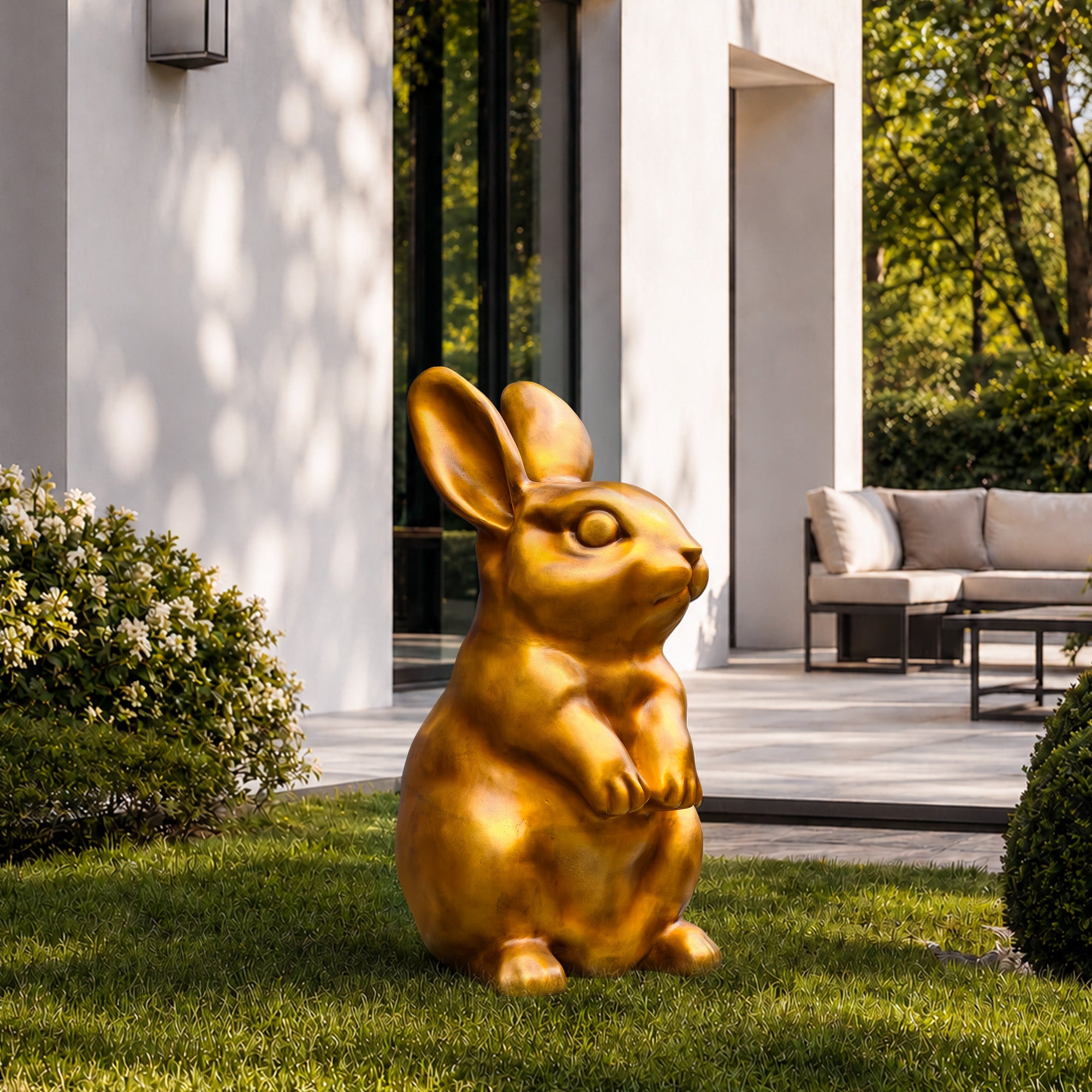 Three-quarter view of a golden bronze rabbit sculpture standing on a landscaped lawn beside a modern patio with raised ears, rounded body, and gently lifted front paws.