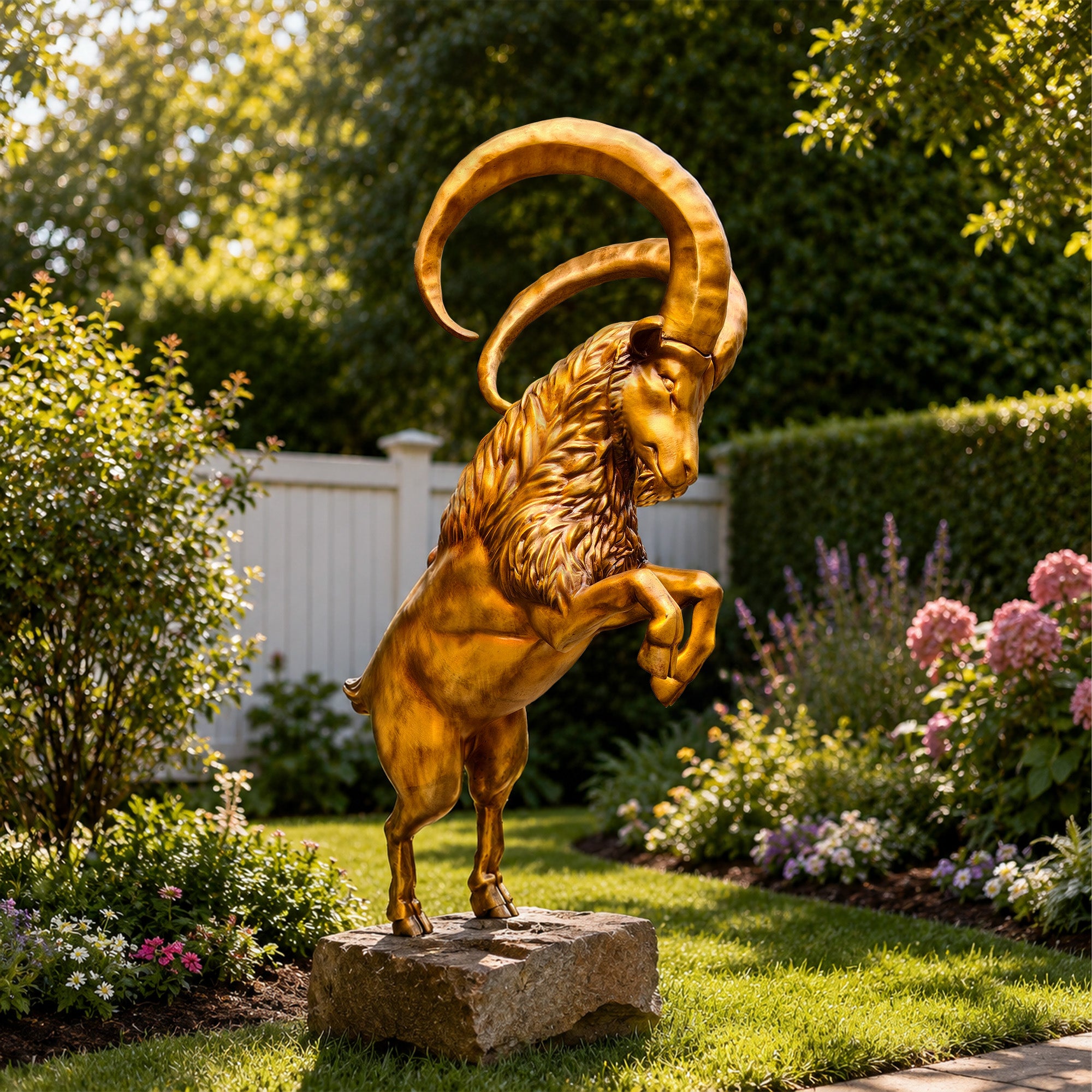 A view of a golden bronze ibex sculpture displayed on a natural stone pedestal in a landscaped flower garden with raised front legs and dramatic curved horns.