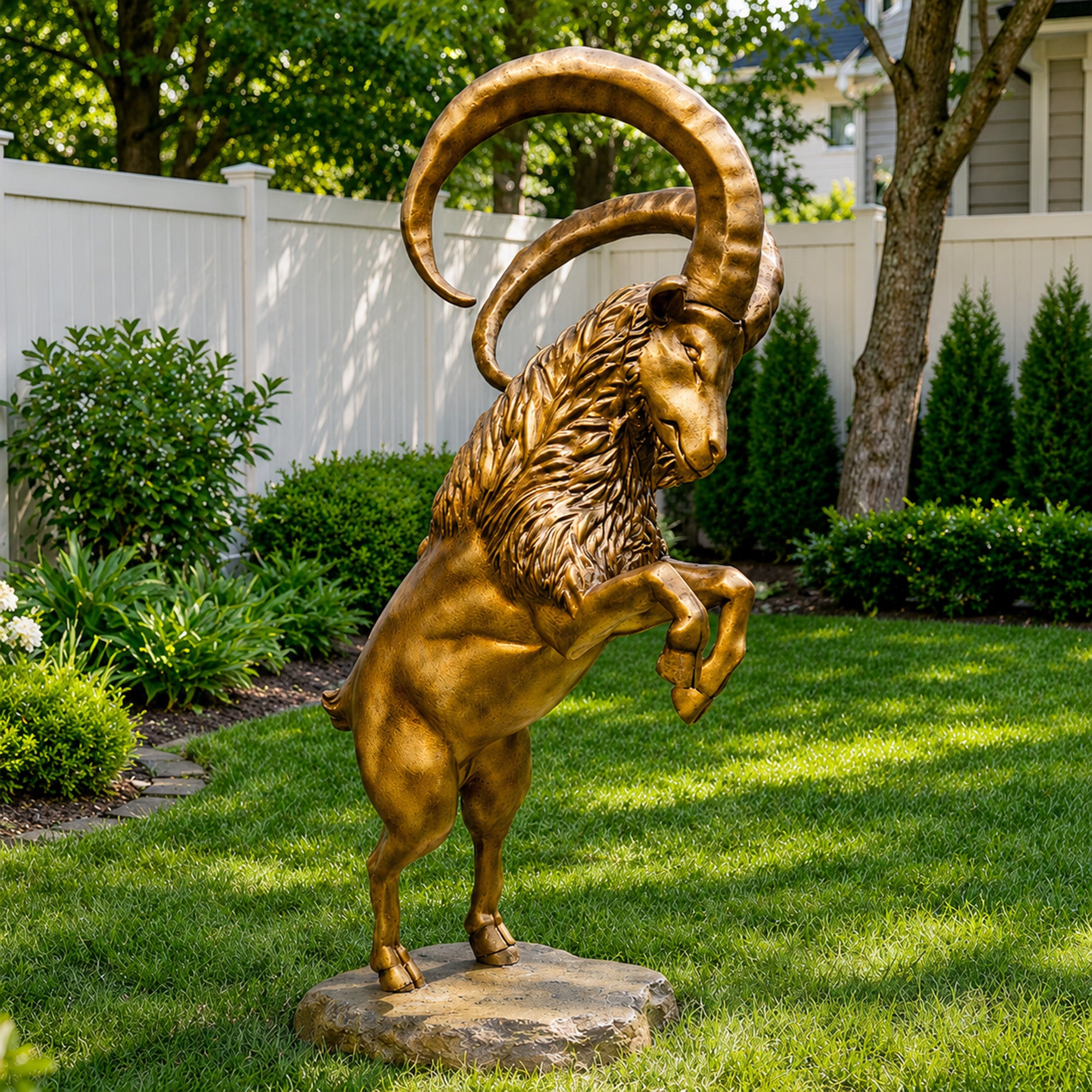 A golden bronze rearing goat statue installed on a stone base in a residential lawn with shrubs, trees, and a white garden fence.