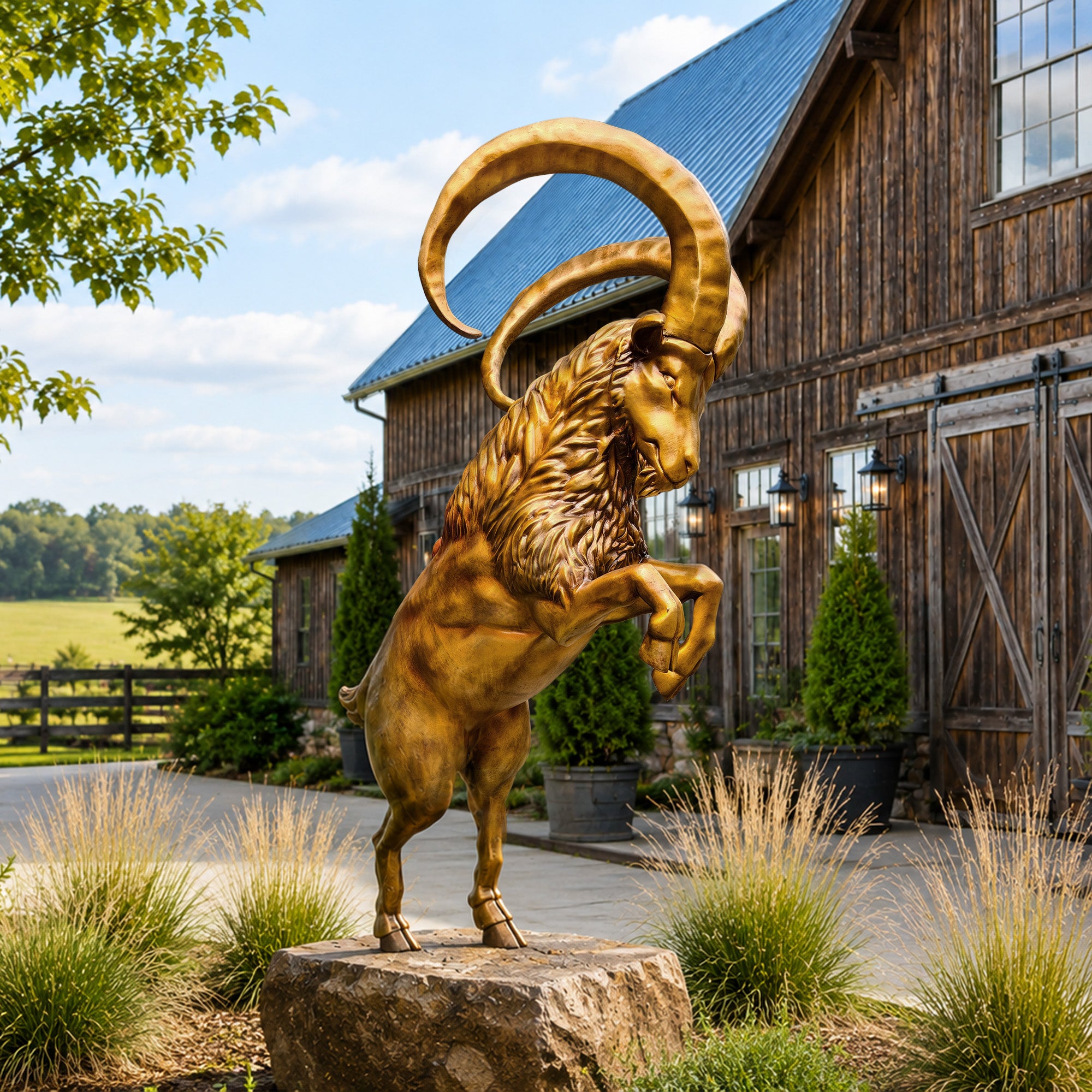 A golden bronze ibex statue displayed on a stone pedestal beside a rustic barn with ornamental grasses, trees, and an open countryside landscape.