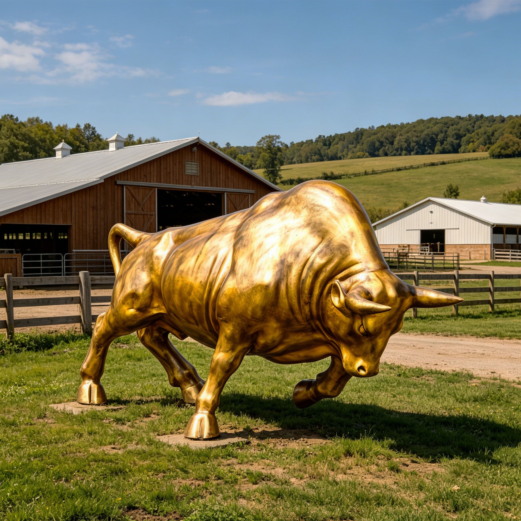 a golden bronze charging bull statue displayed on a ranch lawn with a lowered head, raised front leg, wooden barns, fences, and rolling countryside