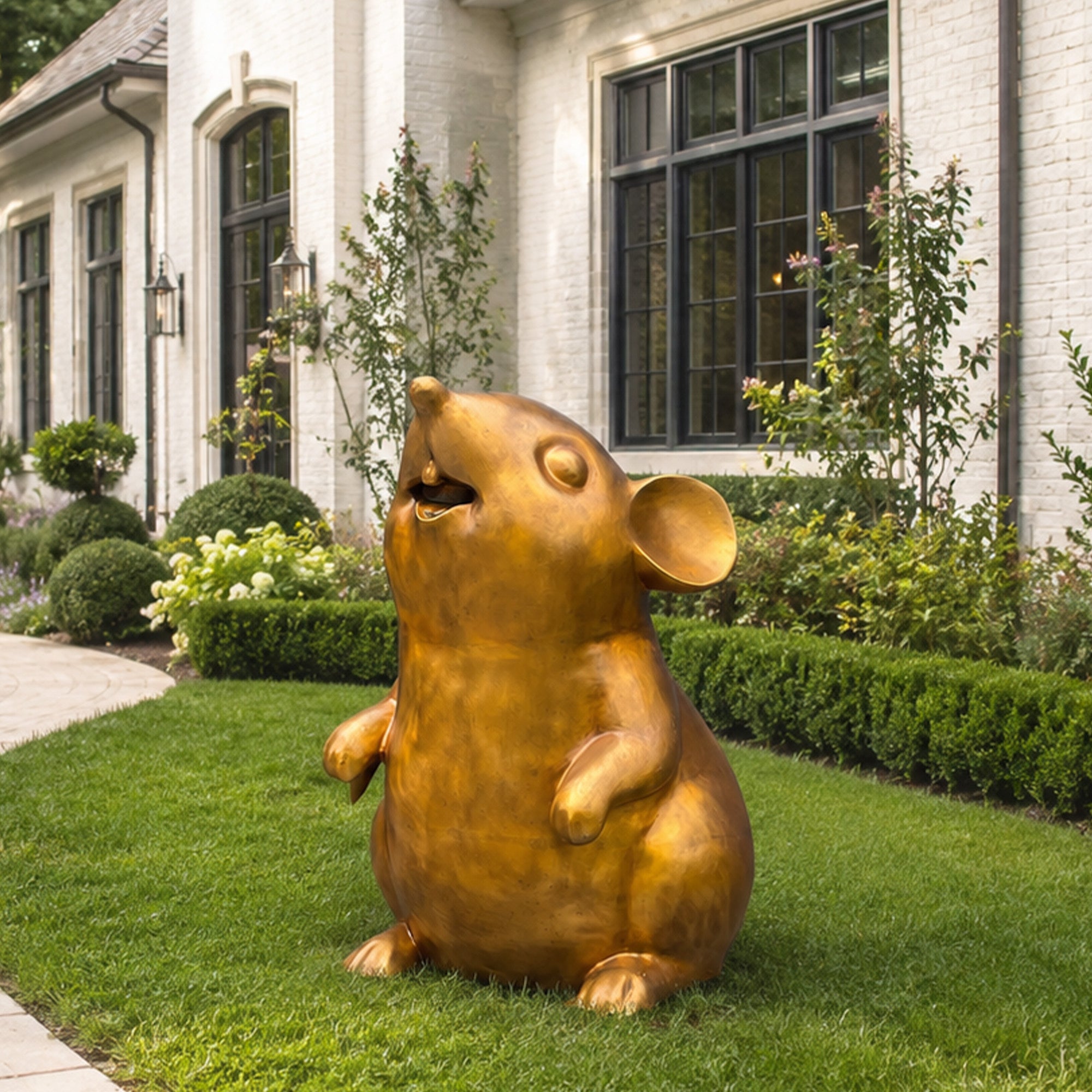 Three-quarter view of a golden bronze mouse sculpture displayed on a villa garden lawn with an upward-facing head, rounded body, large ears, and raised front paws.