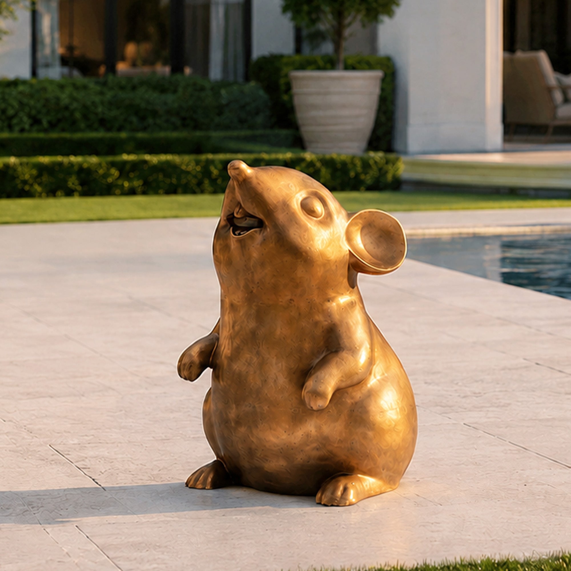 a golden bronze mouse statue placed beside a swimming pool with an upward-facing head, large rounded ears, lifted paws, and a playful seated pose.