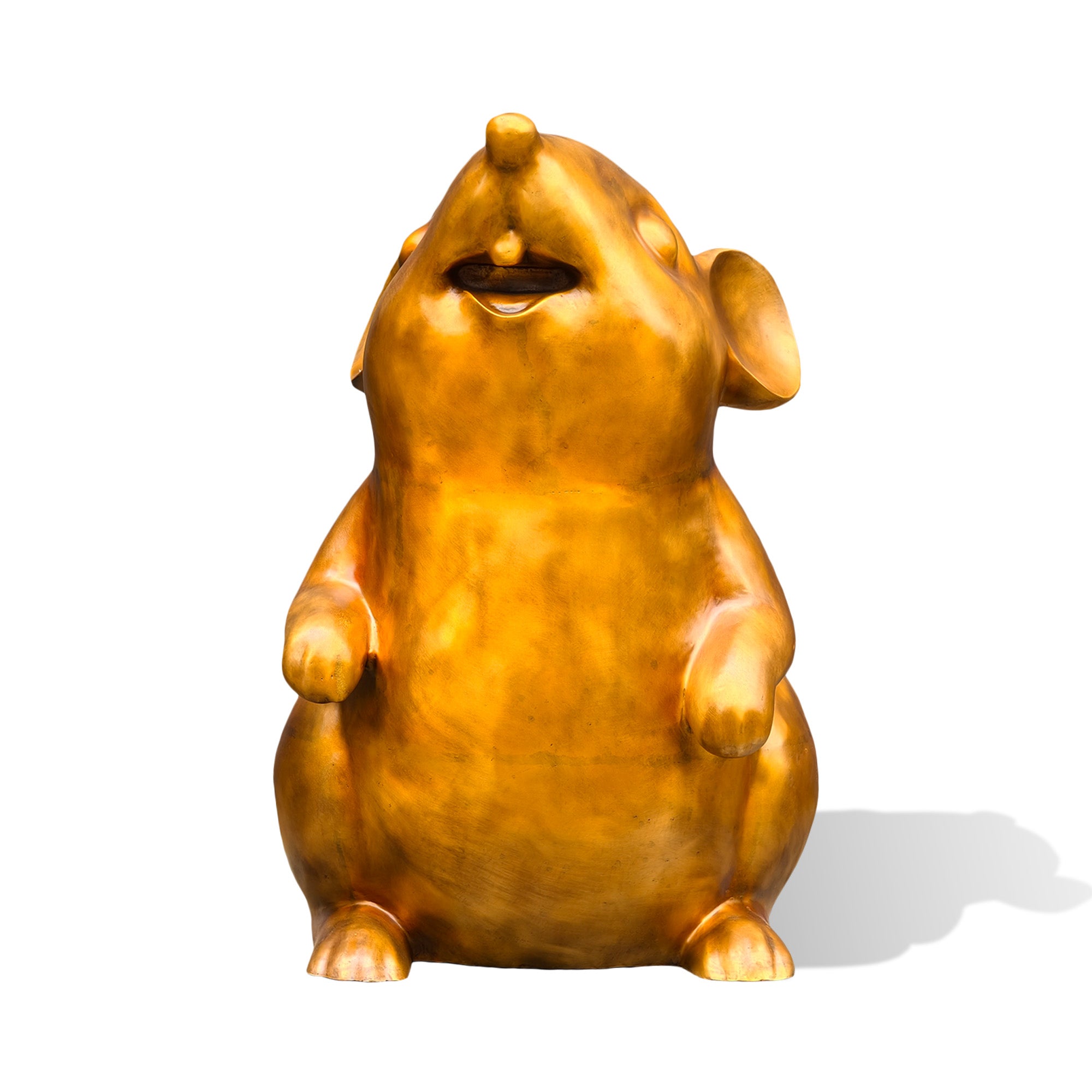 Front view of a golden bronze mouse sculpture seated upright with a rounded body, raised front paws, wide ears, and an upward-facing head