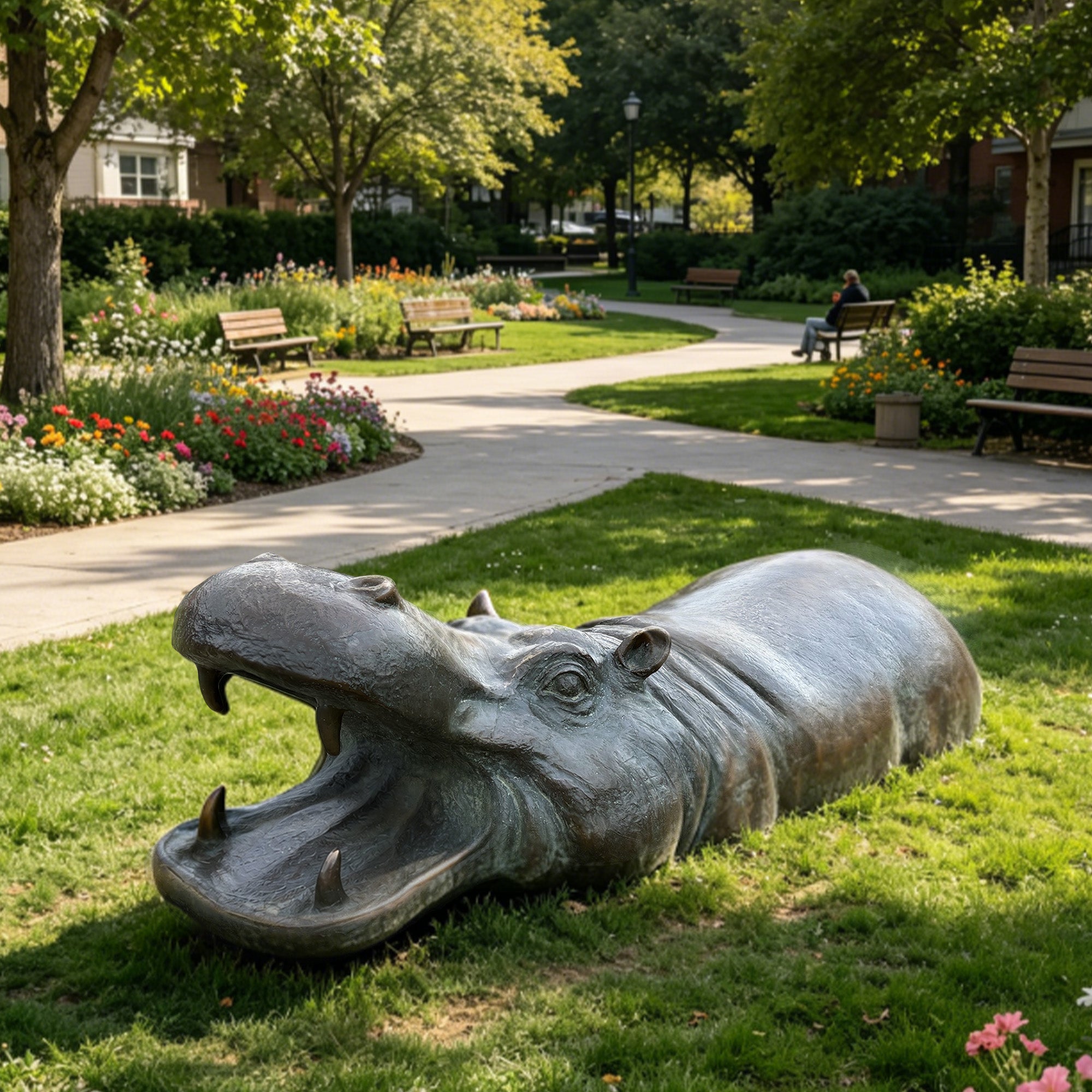 a bronze open mouth hippopotamus sculpture displayed on a park lawn with visible tusks, raised ears, textured skin, and a low partially submerged body design