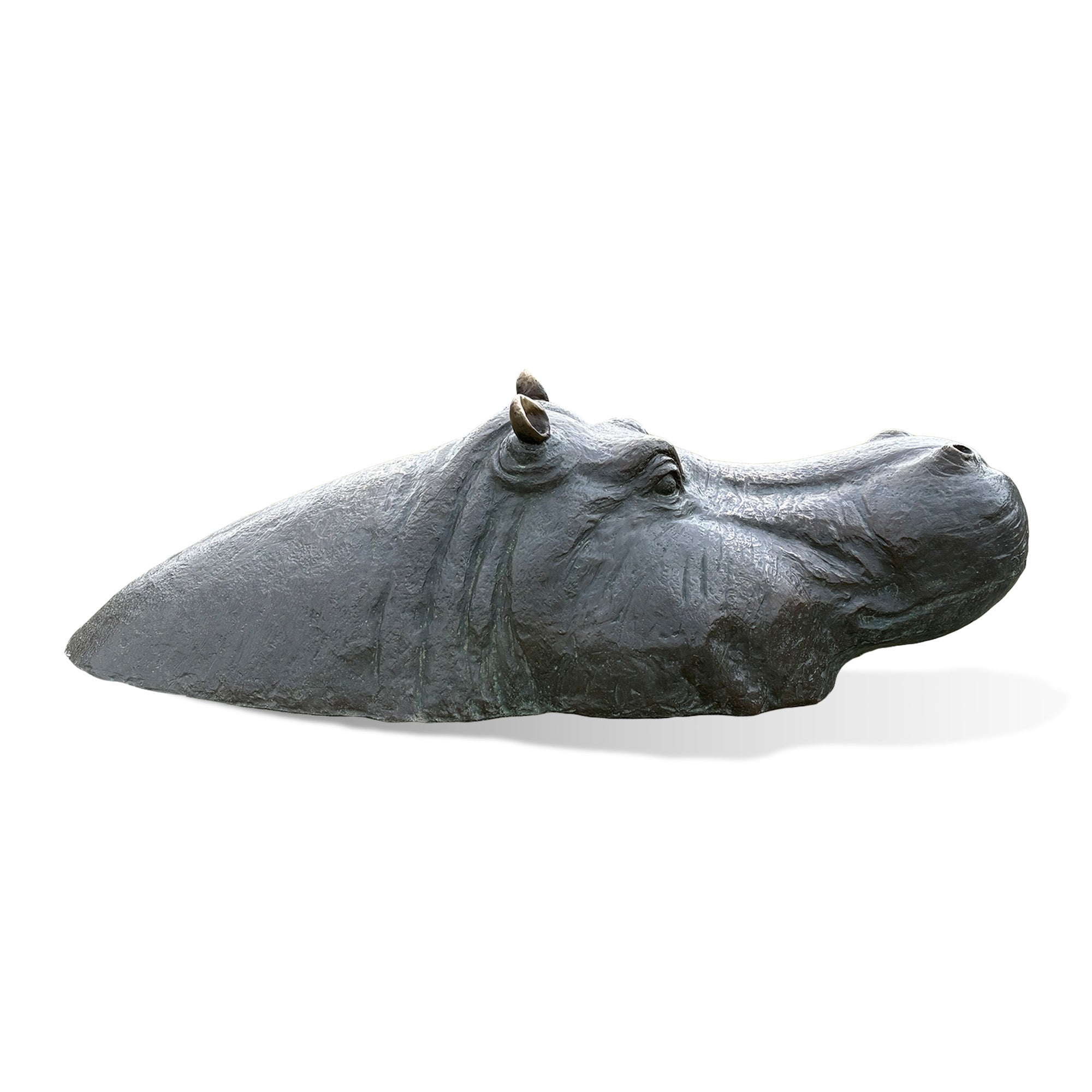 Right-facing side profile of a bronze hippopotamus statue with a raised snout, small ears, expressive eye, textured skin, and elongated partially submerged body
