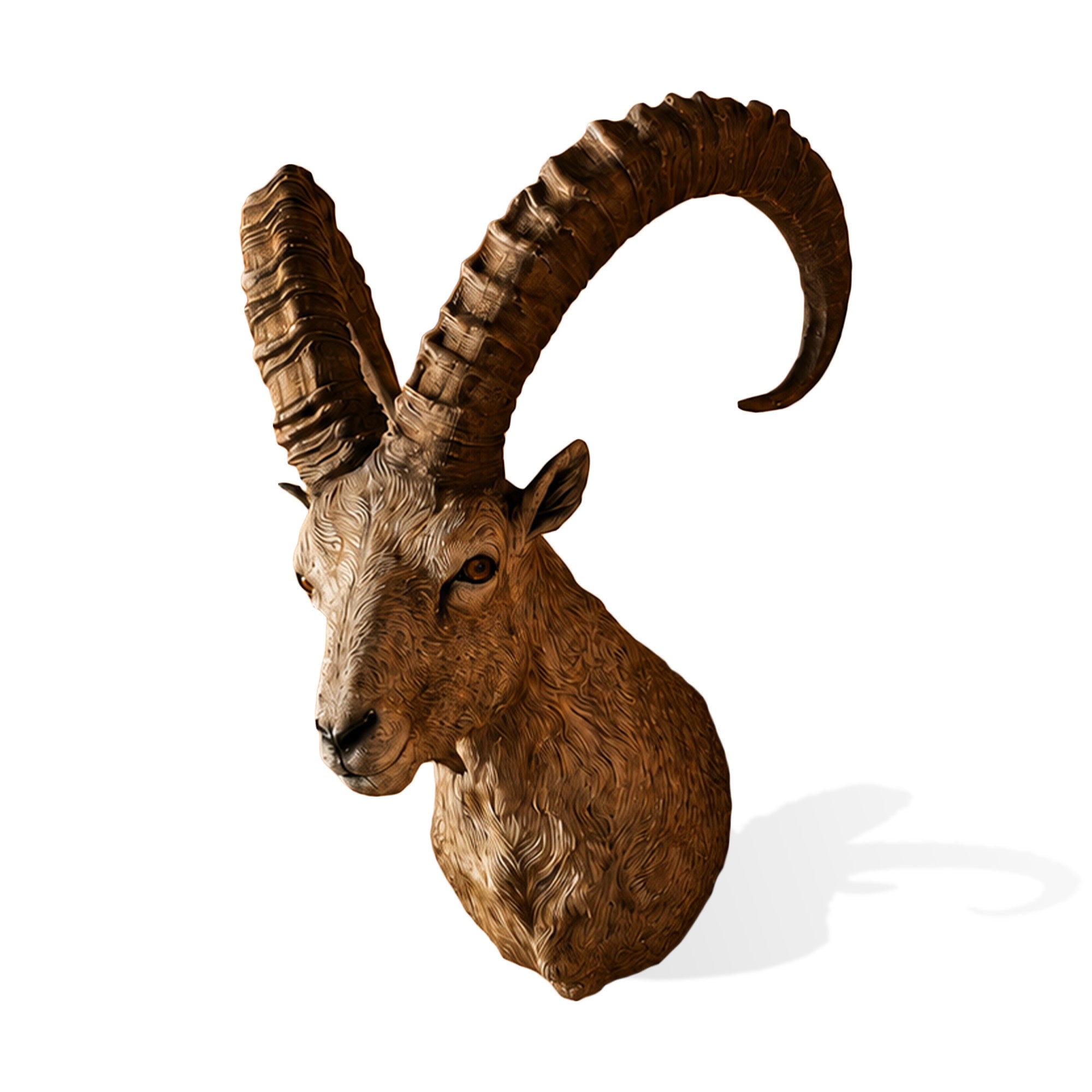 Front three-quarter view of a bronze ibex head wall sculpture with large ridged curved horns, detailed fur texture, expressive eyes, and a warm bronze finish.