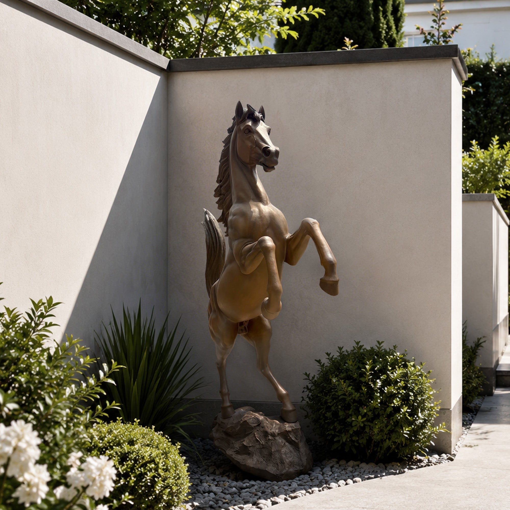 A bronze horse sculpture displayed in a landscaped courtyard with a rearing posture, raised front legs, flowing mane, long tail, and rocky base.