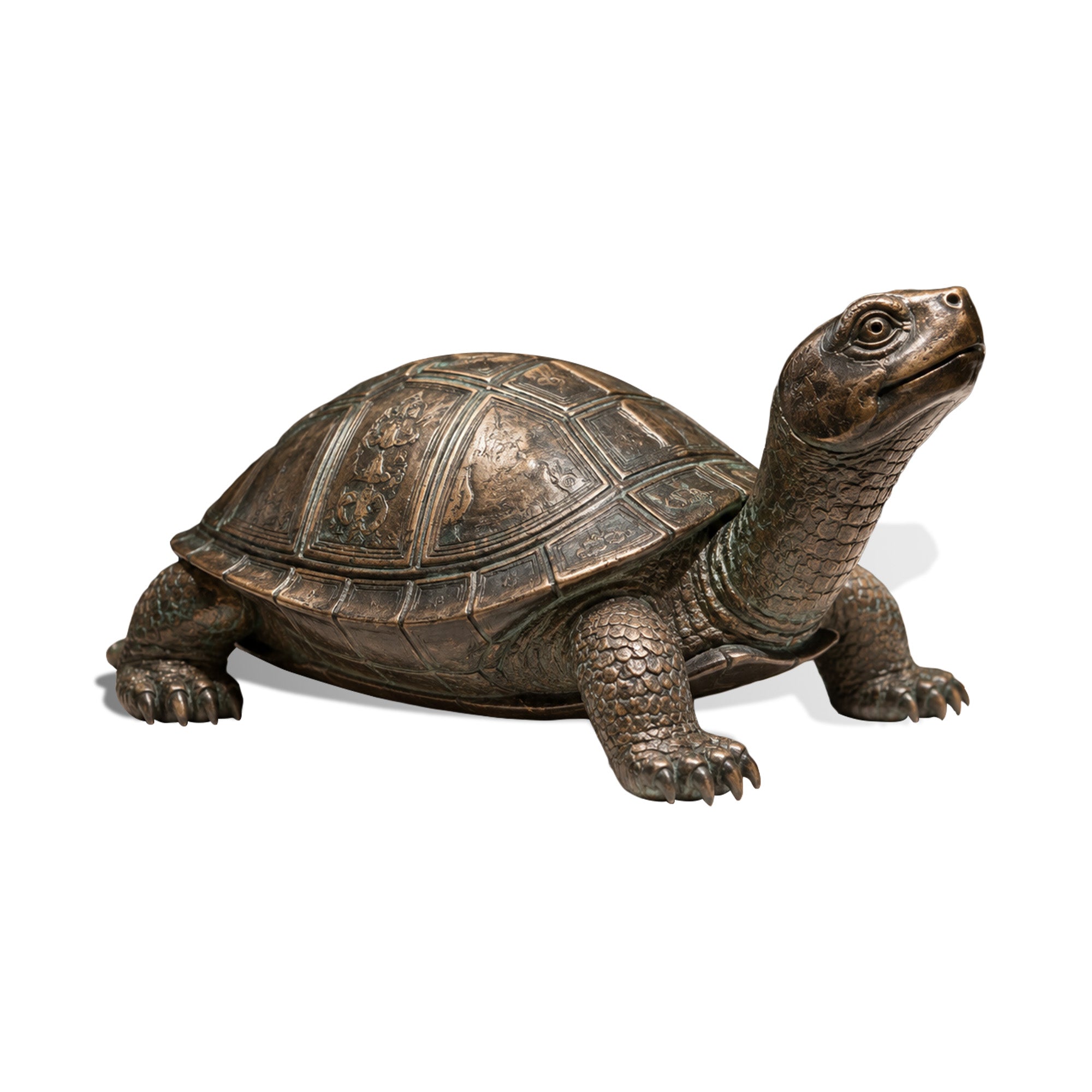 Front three-quarter view of a bronze tortoise sculpture with highly detailed shell patterns, textured limbs, and realistic animal form.