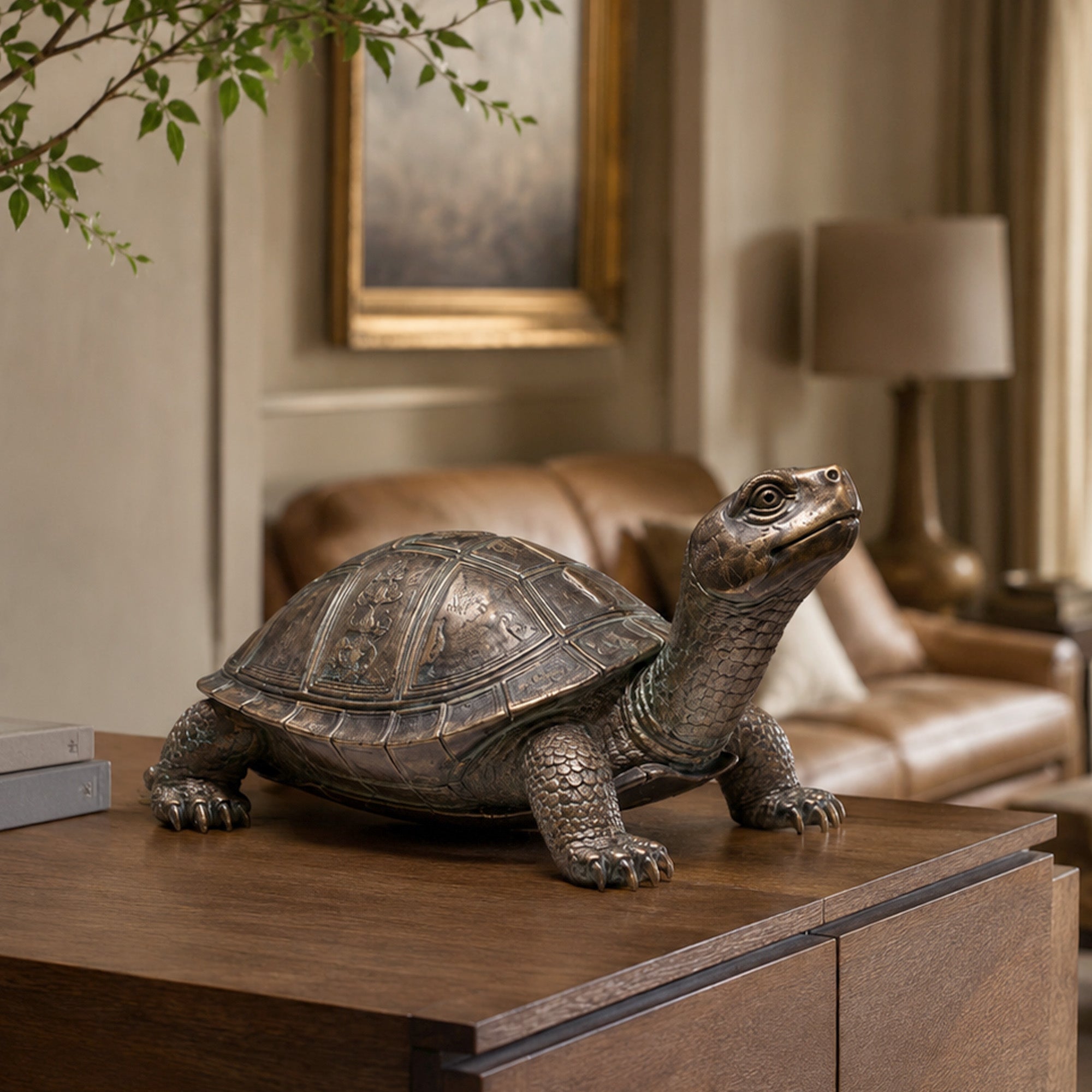Three-quarter view of a bronze tortoise sculpture placed on a living room coffee table, featuring a detailed patterned shell, textured legs, and realistic craftsmanship.
