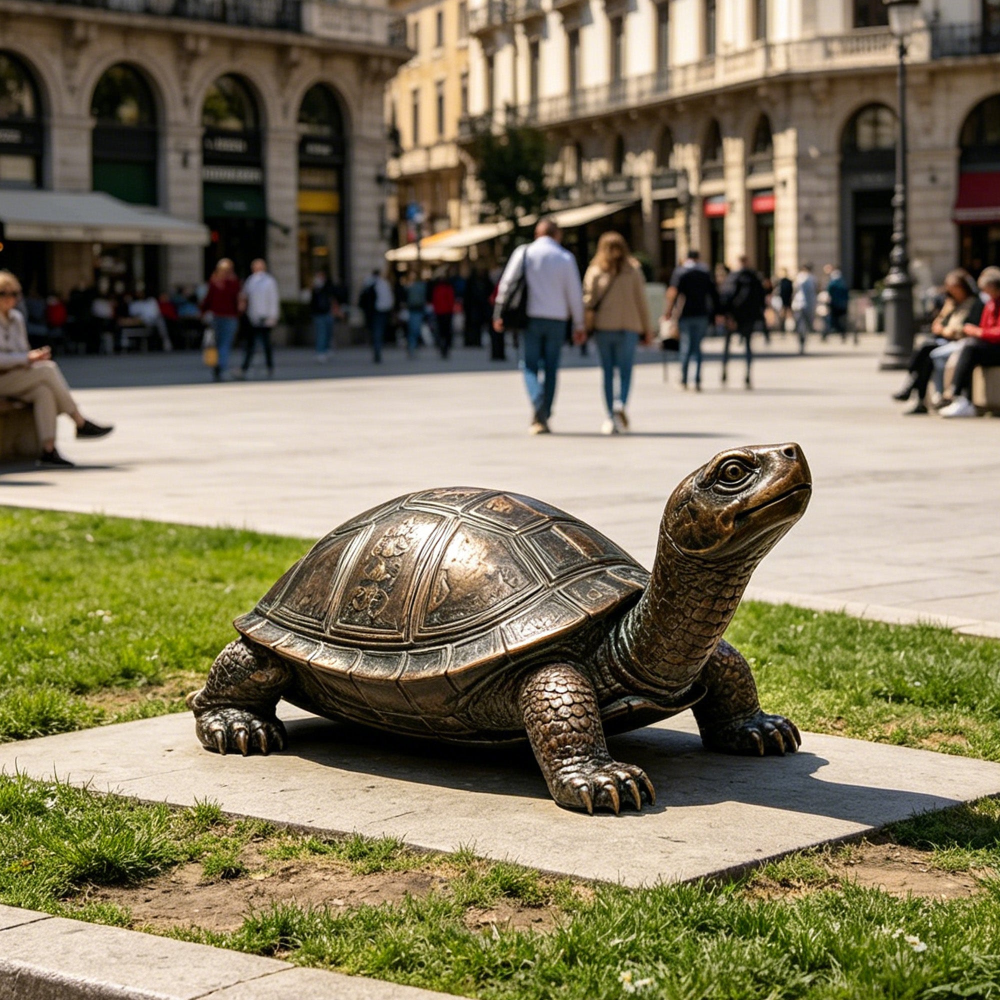 Bronze tortoise sculpture displayed in a public urban square with a detailed engraved shell, naturalistic body texture, and grounded low posture on a stone platform.