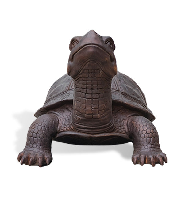 Front view of a dark antique bronze turtle sculpture with raised head, detailed scaled neck, legs and textured shell