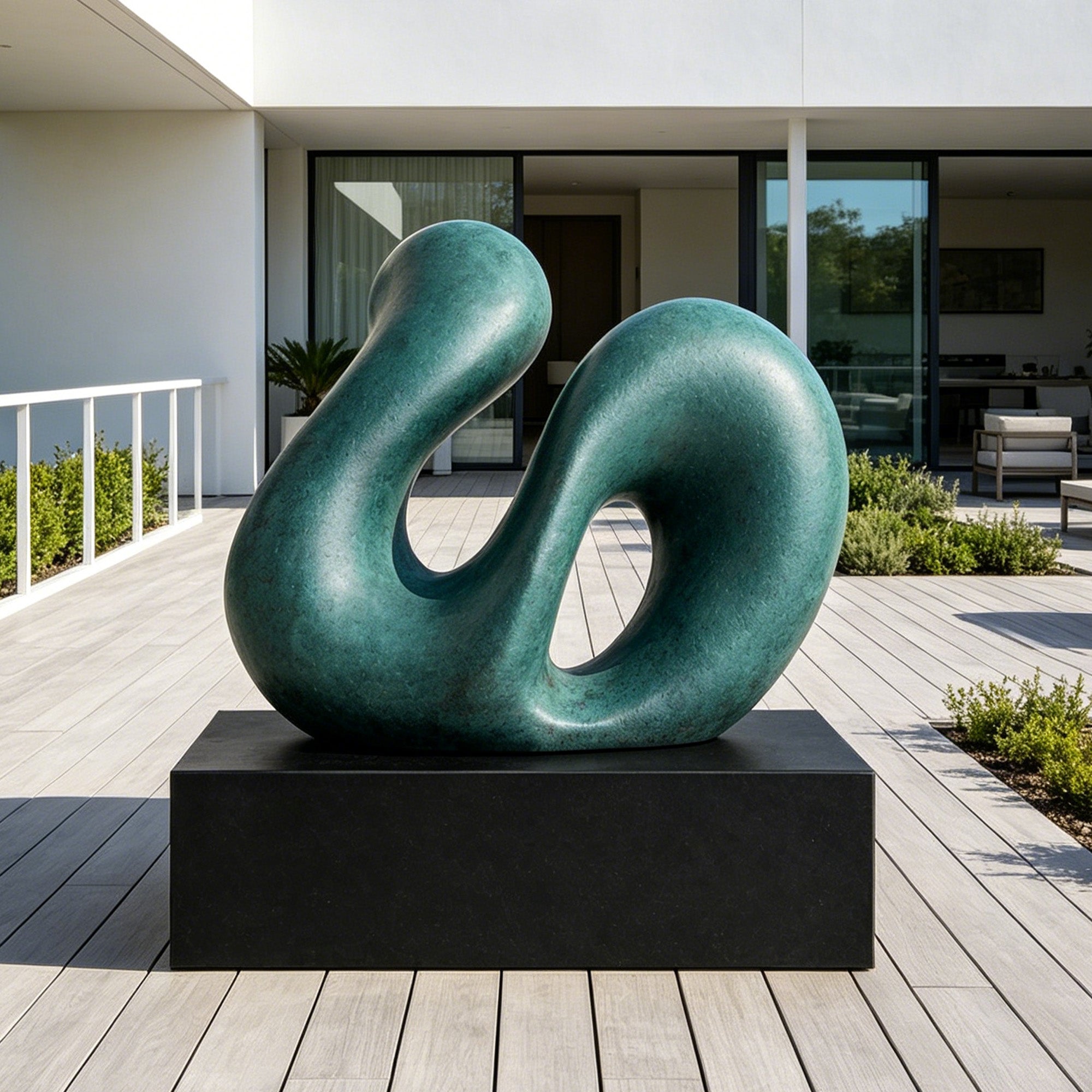 Bronze abstract sculpture displayed in a modern outdoor courtyard with minimalist architecture, featuring smooth curved organic form and green patina finish on a pedestal base.