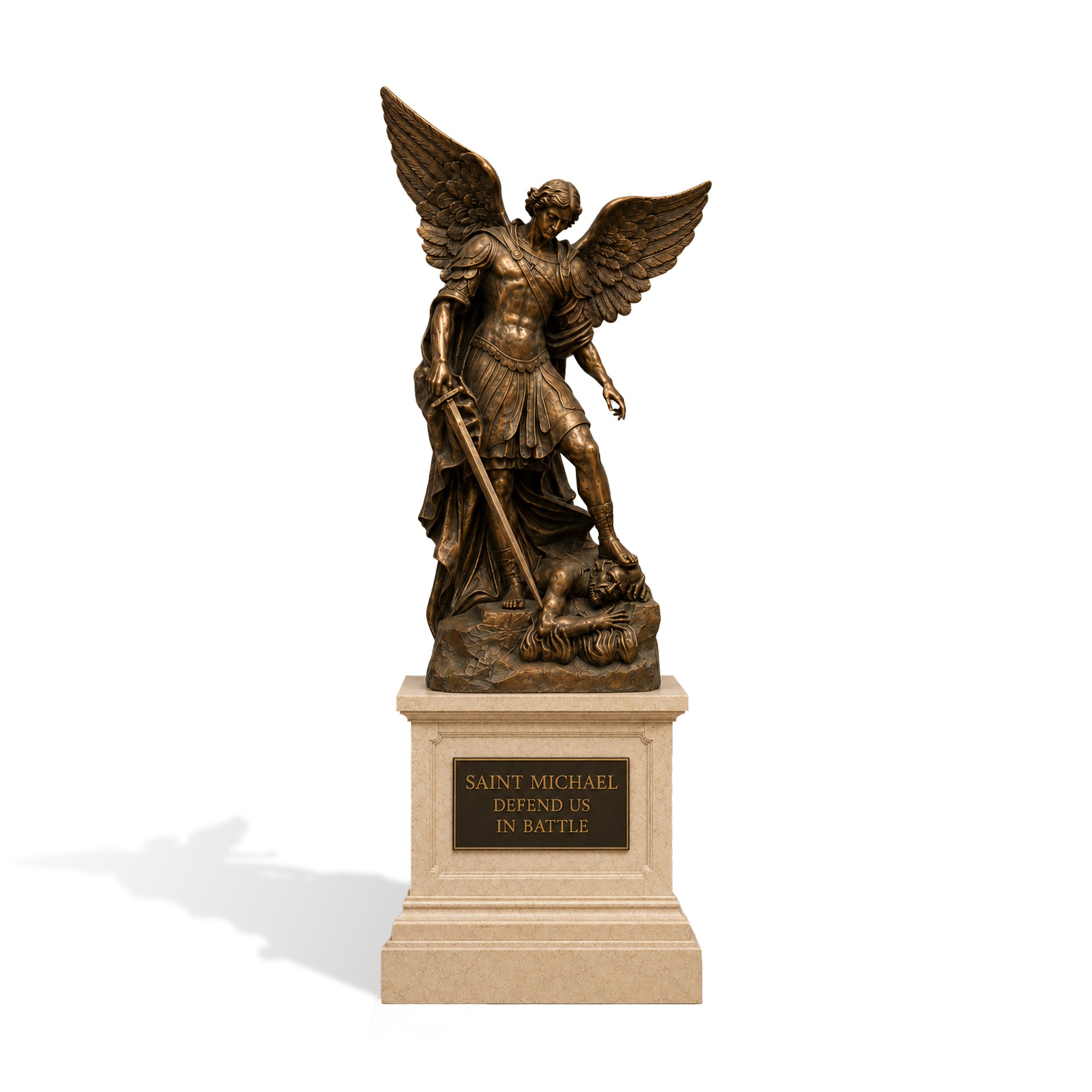 Bronze Saint Michael Archangel statue on pedestal, depicted as warrior angel defeating evil, detailed Catholic religious sculpture on white background