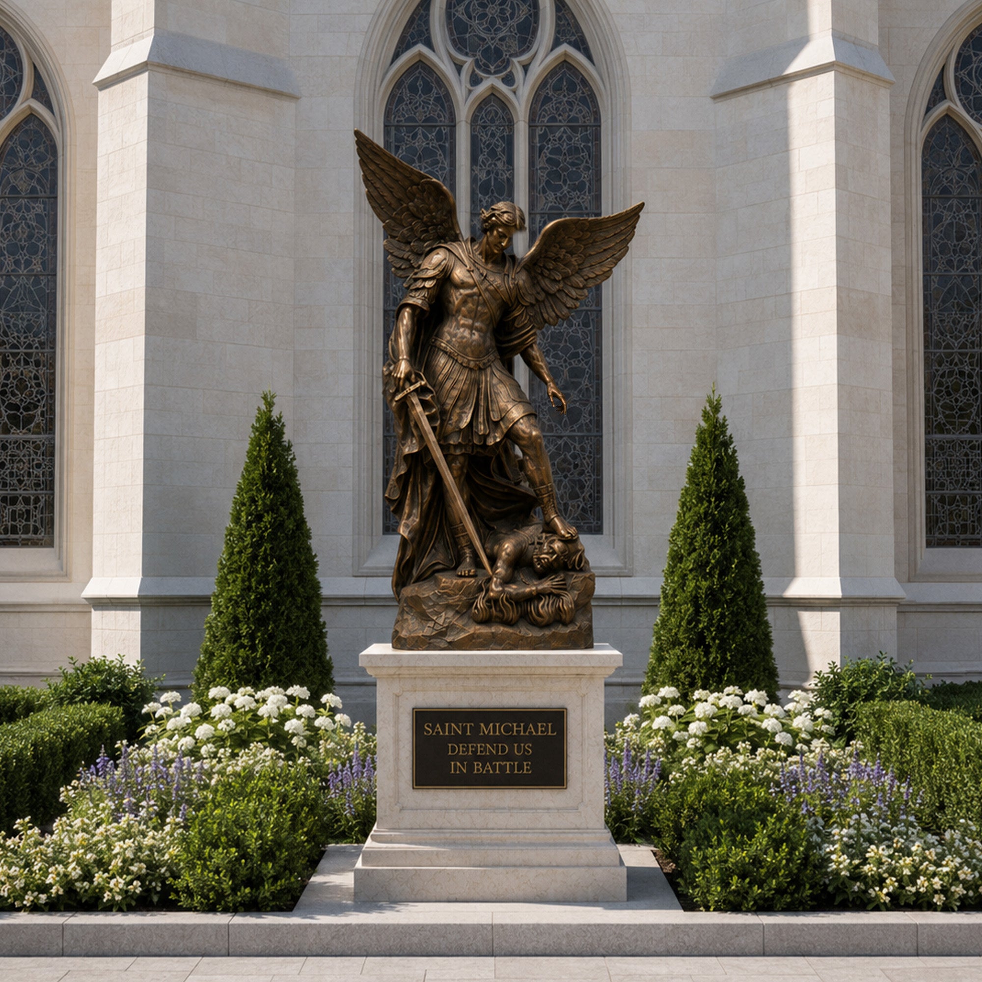 Outdoor Saint Michael Archangel bronze statue displayed in church garden, surrounded by greenery and flowers, standing over defeated evil figure, religious monument sculpture