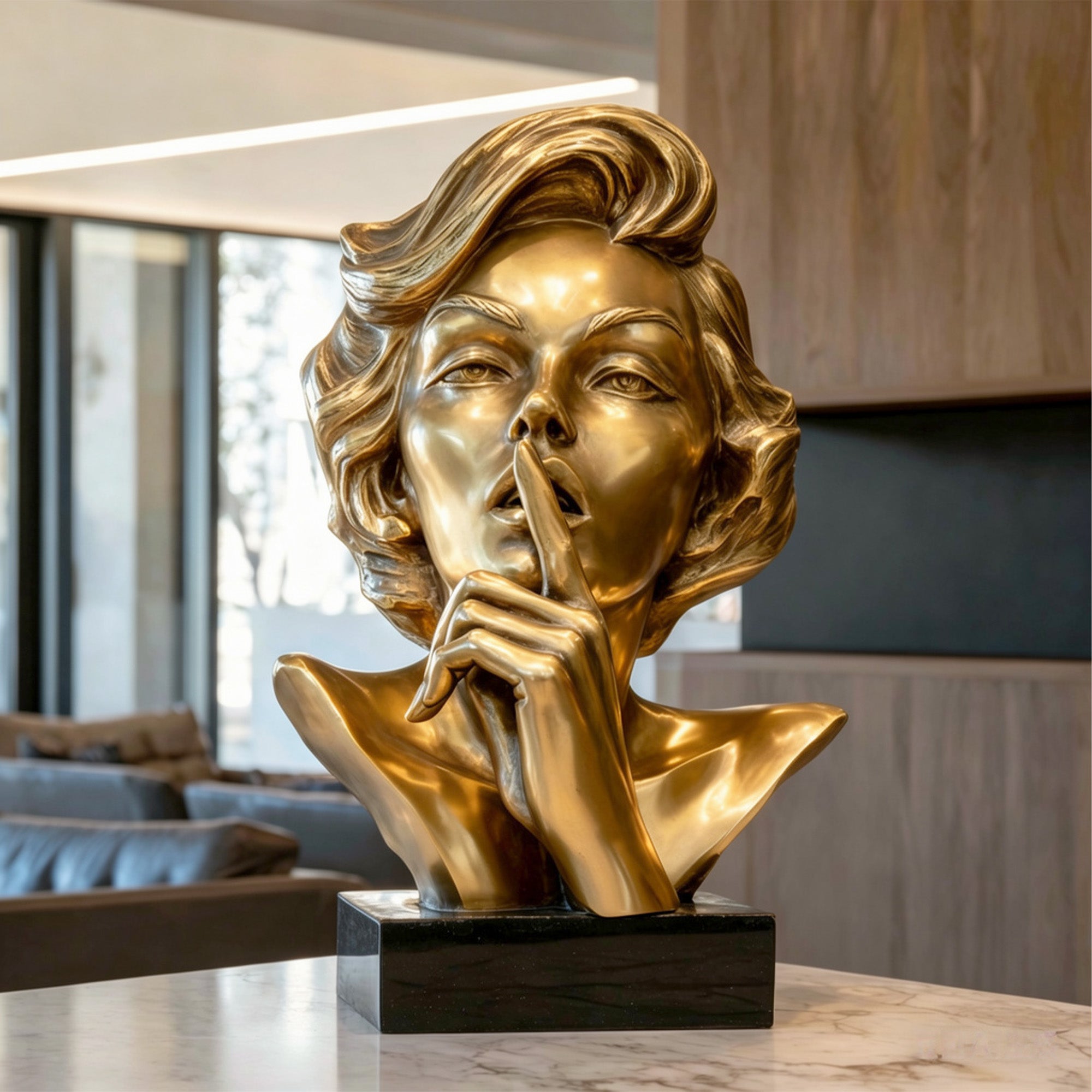 Gold bronze female bust sculpture with proud gaze and finger-to-lips gesture displayed in a luxury modern interior, featuring a confident expression and black base