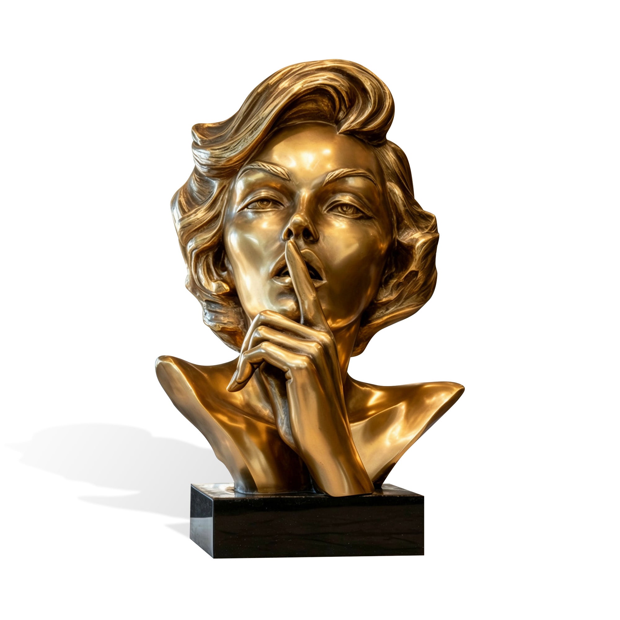 Modern gold bronze female bust sculpture with confident eyes, elegant hairstyle, silent finger gesture, and black pedestal base on white background