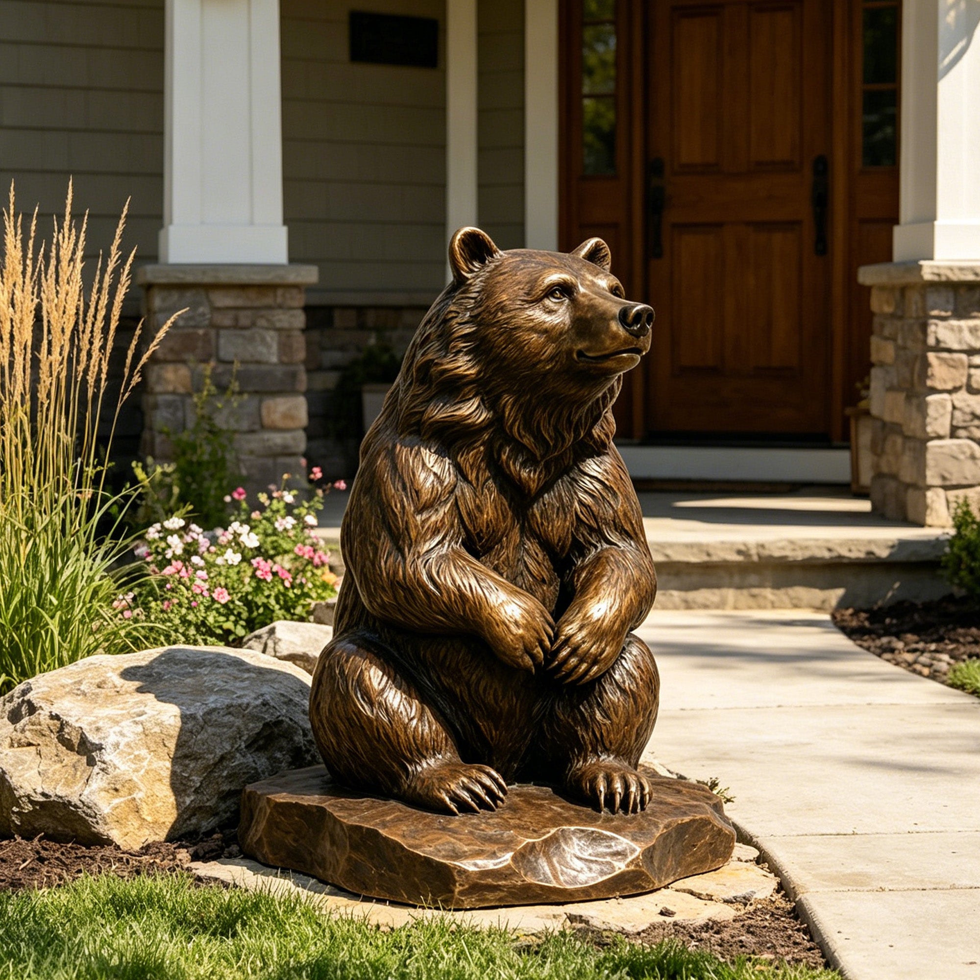 Bronze sitting bear statue displayed beside a garden pathway with detailed fur texture, relaxed seated posture, calm upward gaze, folded paws, and rocky base.