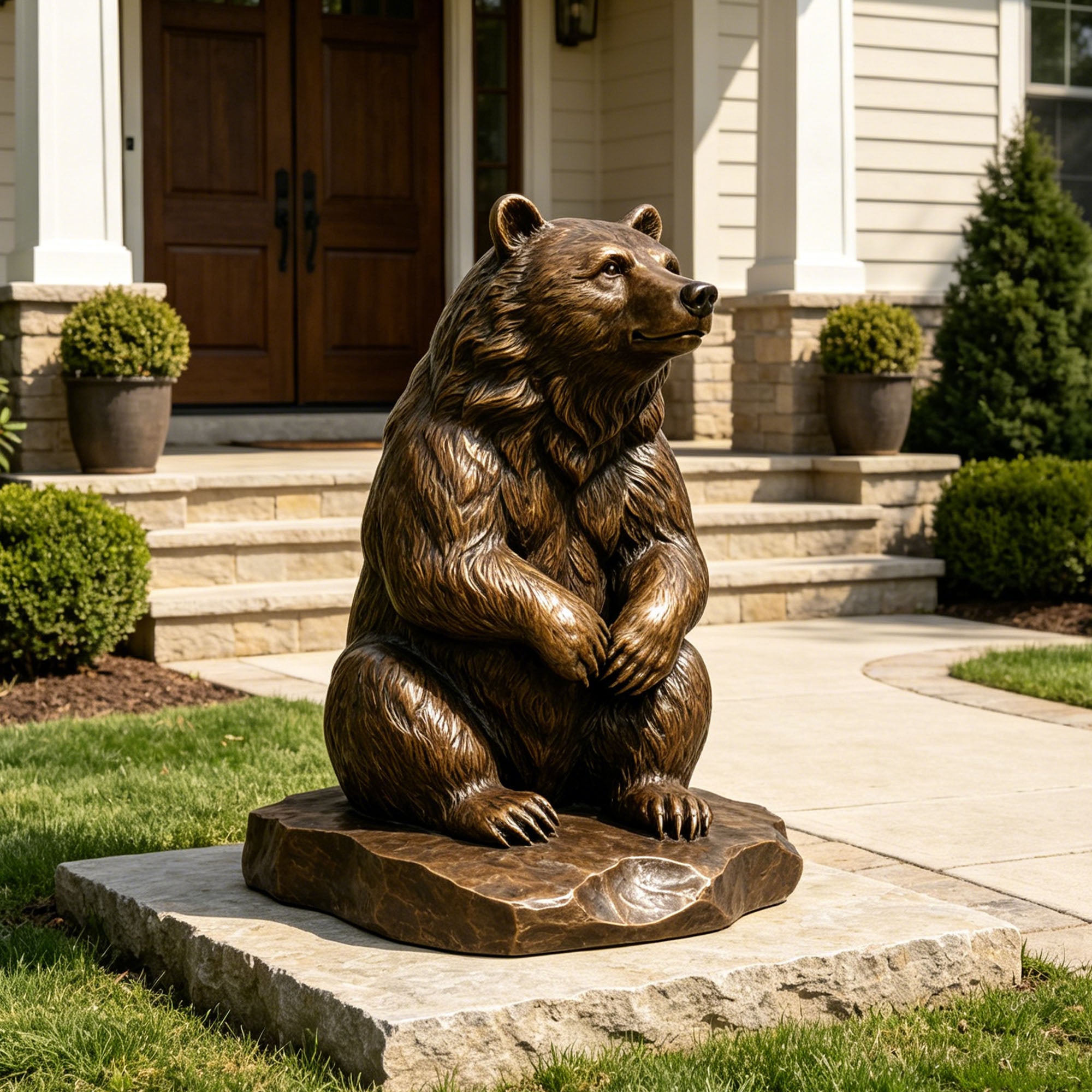 Bronze sitting bear statue placed near a home entrance with realistic fur details, seated posture, folded front paws, expressive face, and textured rocky base.
