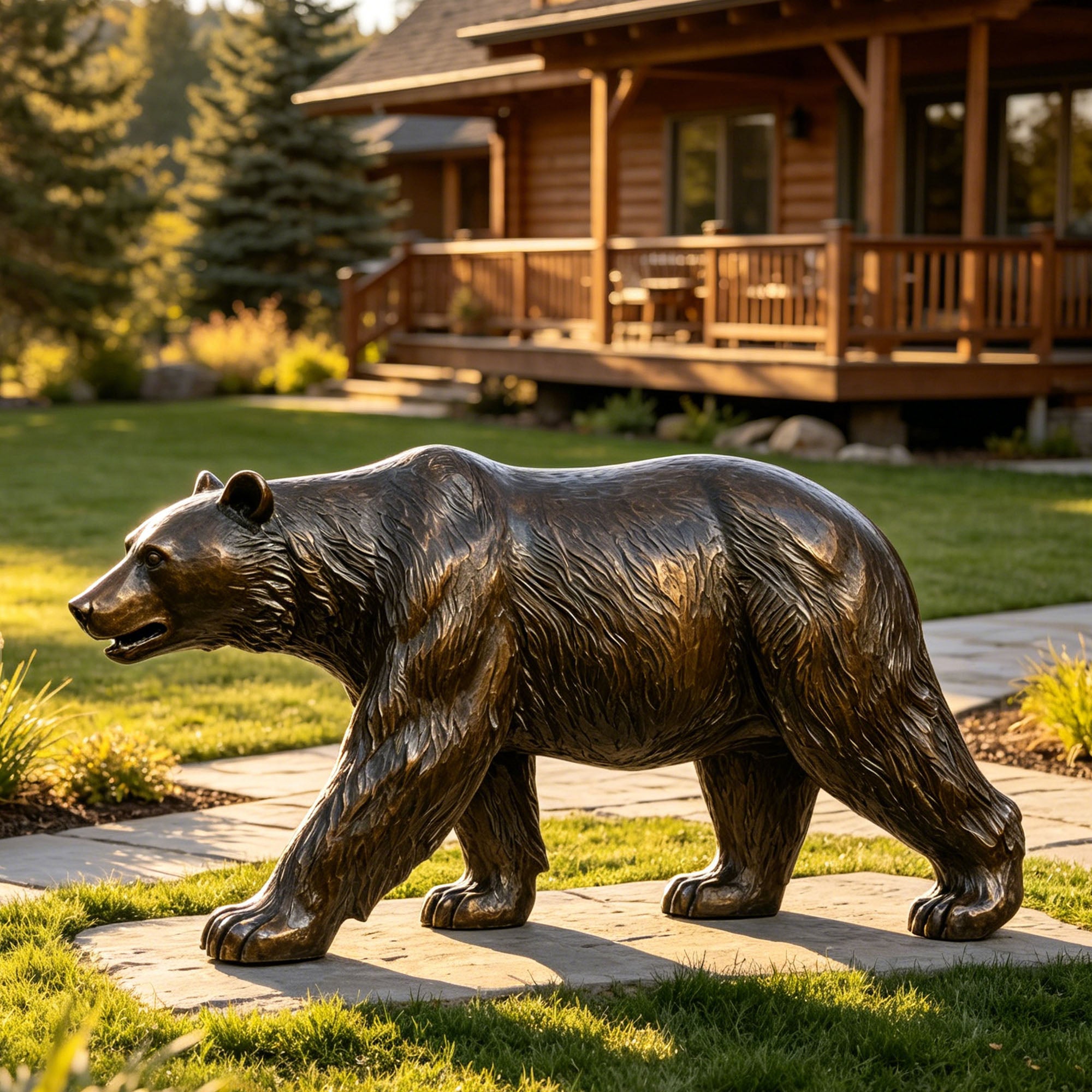 Bronze walking bear sculpture displayed in a cabin yard landscape with realistic fur texture, natural walking pose, open mouth, powerful paws, and aged bronze finish.