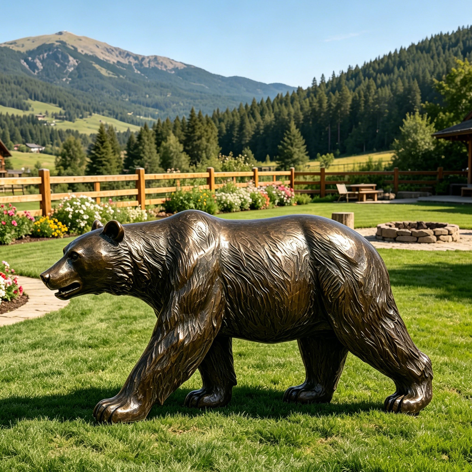 Bronze walking bear sculpture displayed on a mountain garden lawn, featuring realistic fur texture, forward walking posture, open mouth, and warm aged bronze finish.
