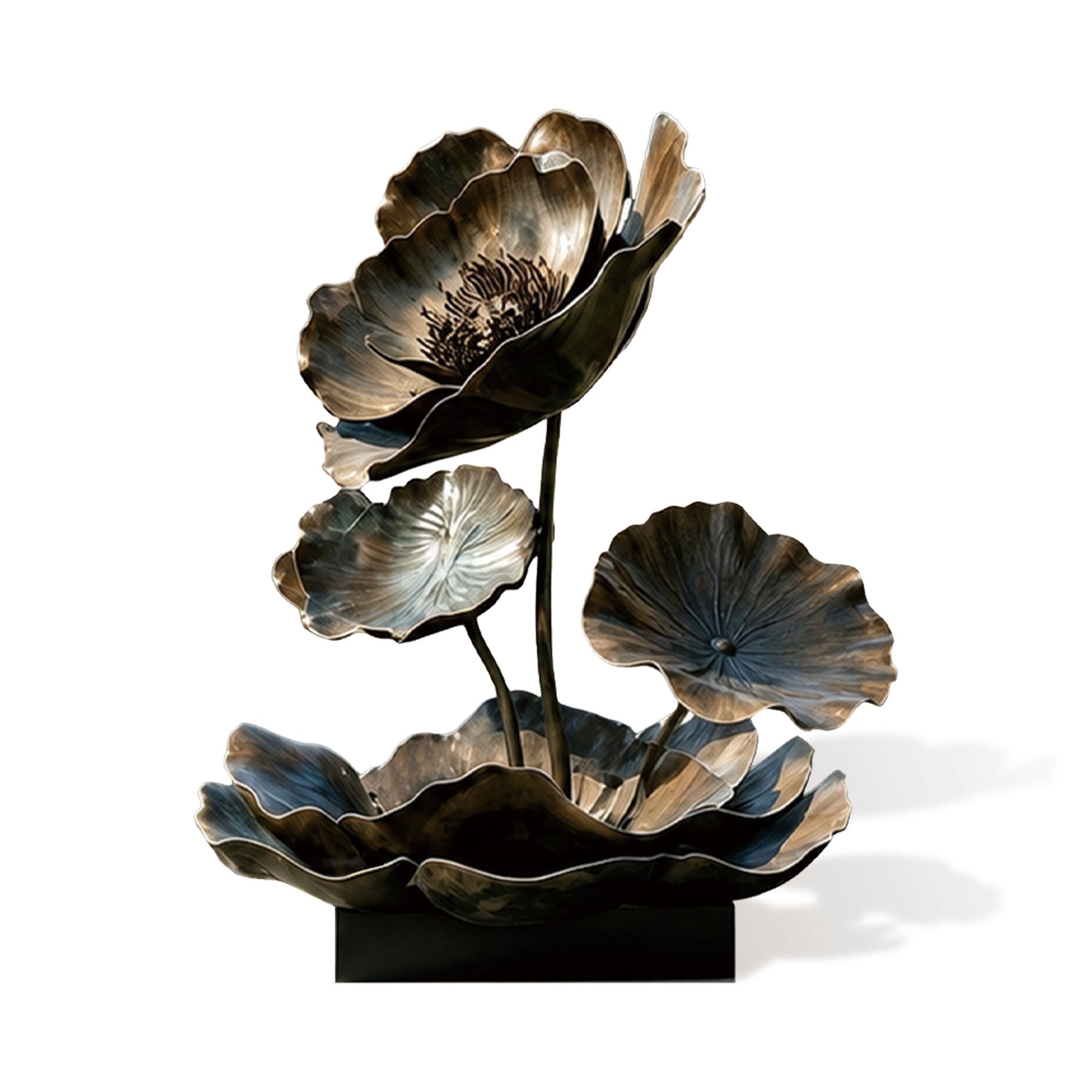 Lotus Reverie bronze lotus fountain sculpture with layered blooming petals and dark bronze finish.