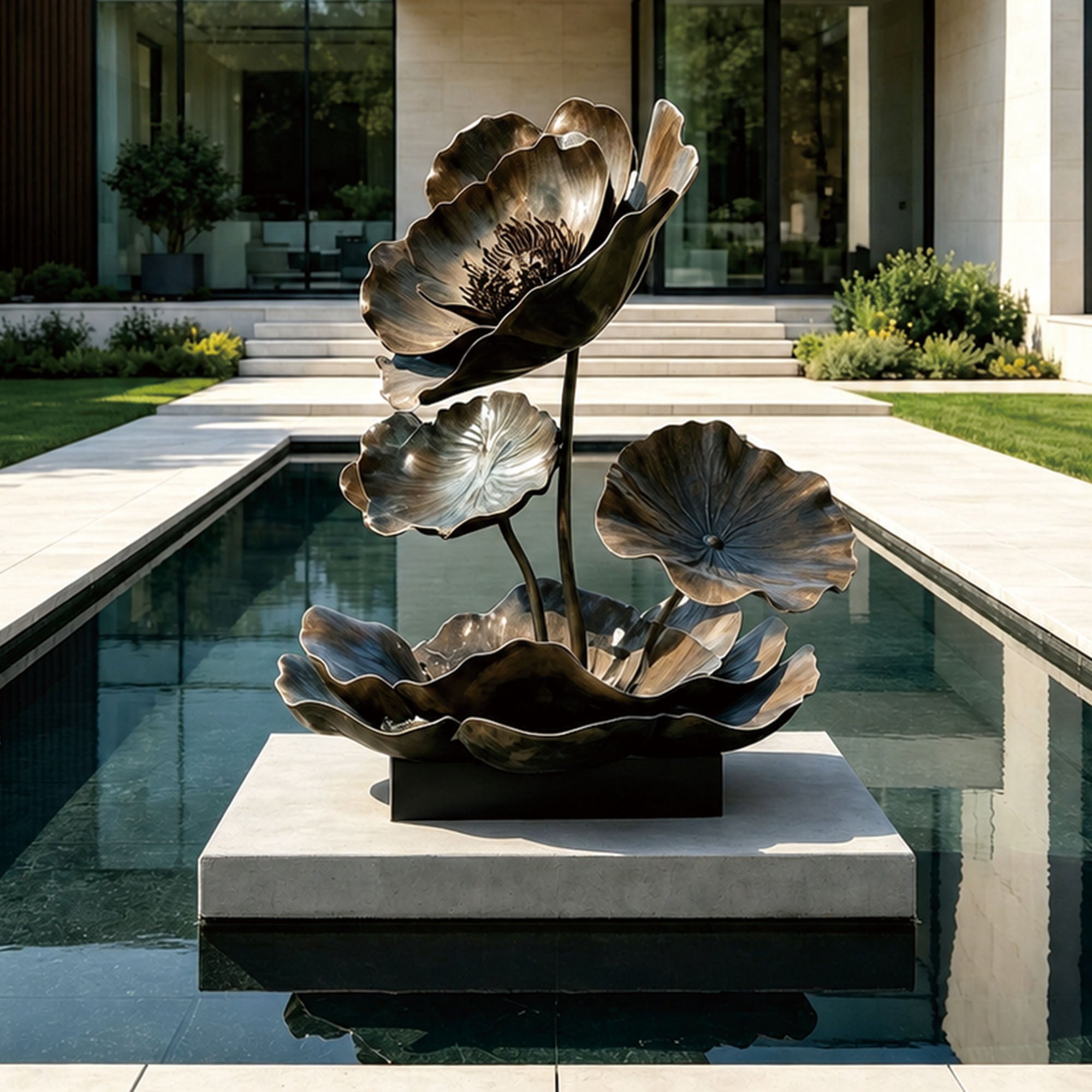 Lotus Reverie bronze lotus fountain sculpture displayed in a luxury modern garden with reflecting pool and ornamental grasses. 