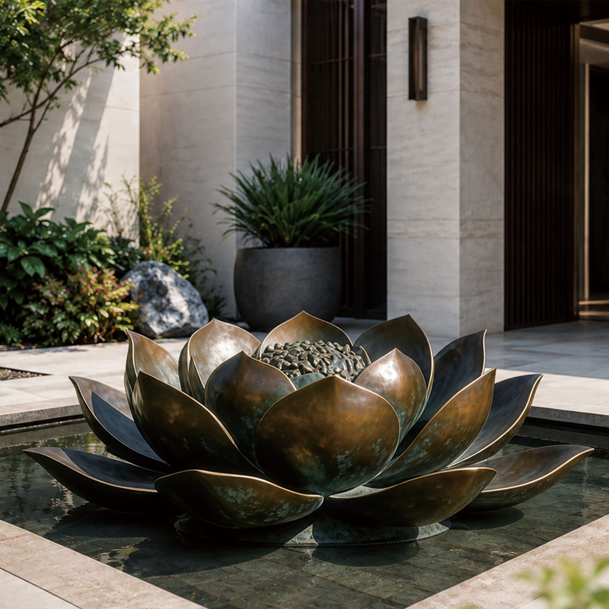 Large bronze lotus sculpture installed in a reflecting pool, featuring layered blooming petals and an antique bronze finish, creating an elegant focal point for modern water gardens and luxury landscapes.