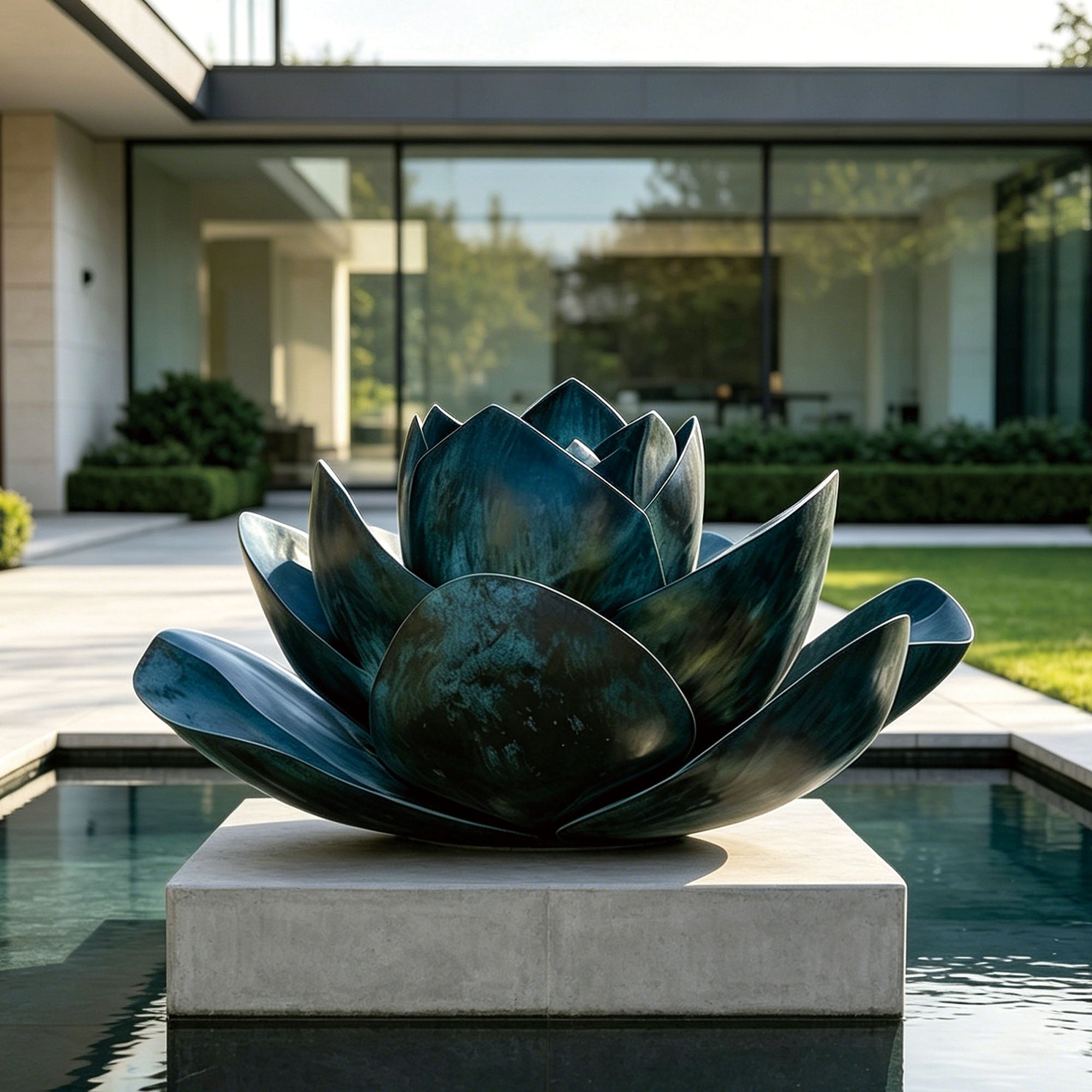 Patina bronze lotus sculpture installed beside a reflecting pool, featuring layered lotus petals and a verdigris bronze finish, designed as a contemporary water garden centerpiece for luxury landscapes.