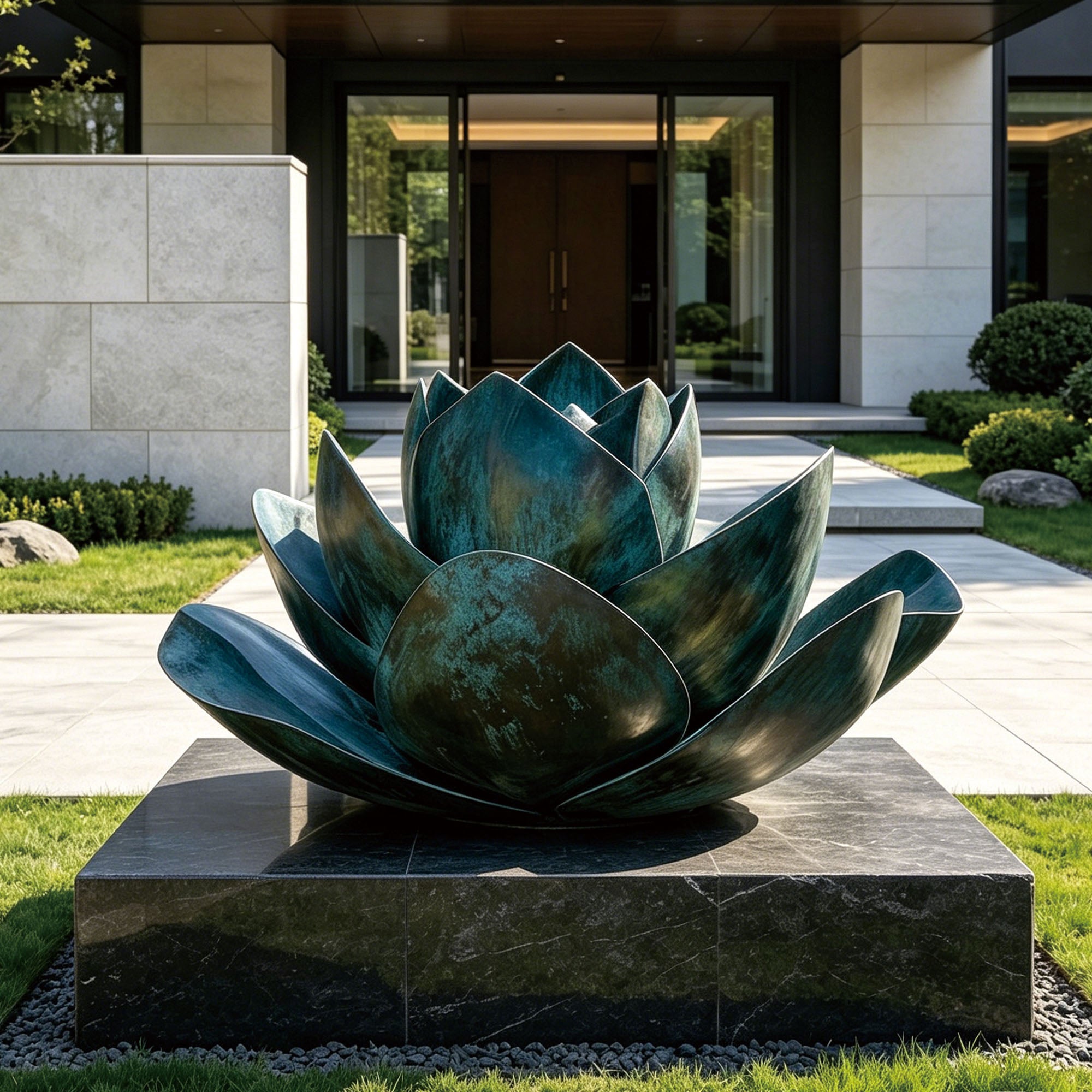 Large patina bronze lotus sculpture features layered lotus petals and a verdigris bronze finish, designed as a contemporary water garden centerpiece for luxury landscapes.