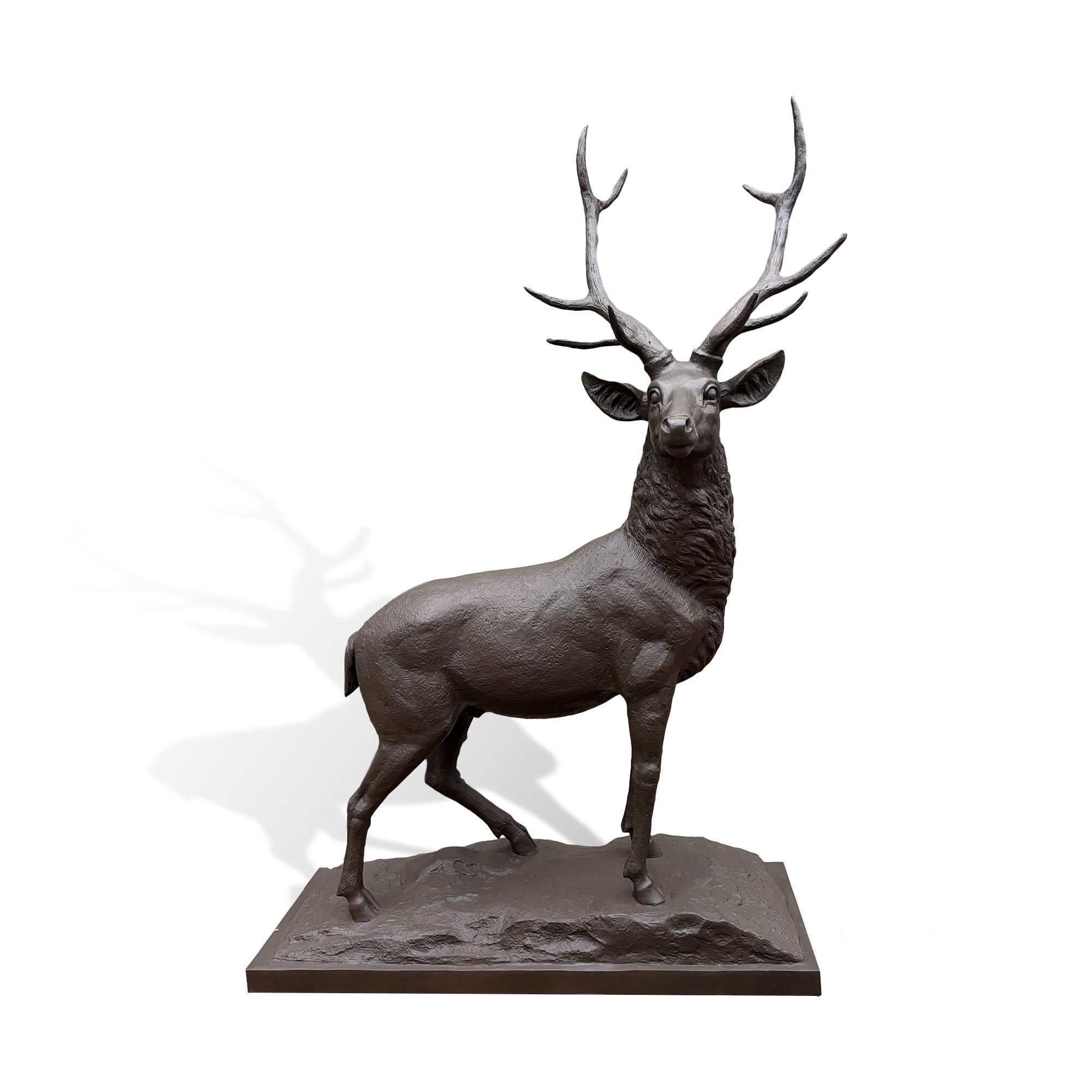 Bronze elk statue with large antlers standing on a textured base, designed as a realistic outdoor garden sculpture for private residential courtyards