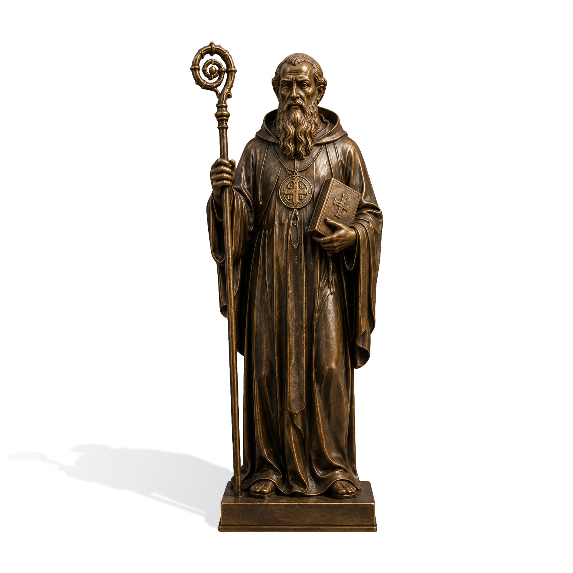 Saint Benedict abbot bronze statue holding a crosier and religious book, featuring Saint Benedict medal, monastic robe, antique bronze finish, and pedestal base on white background