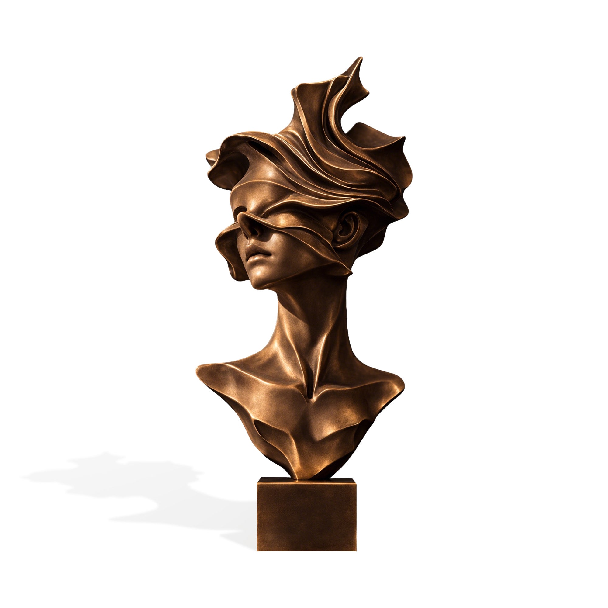 Abstract bronze woman bust sculpture with covered eyes, flowing sculptural hair, refined facial profile, elegant shoulders, and square pedestal base on white background