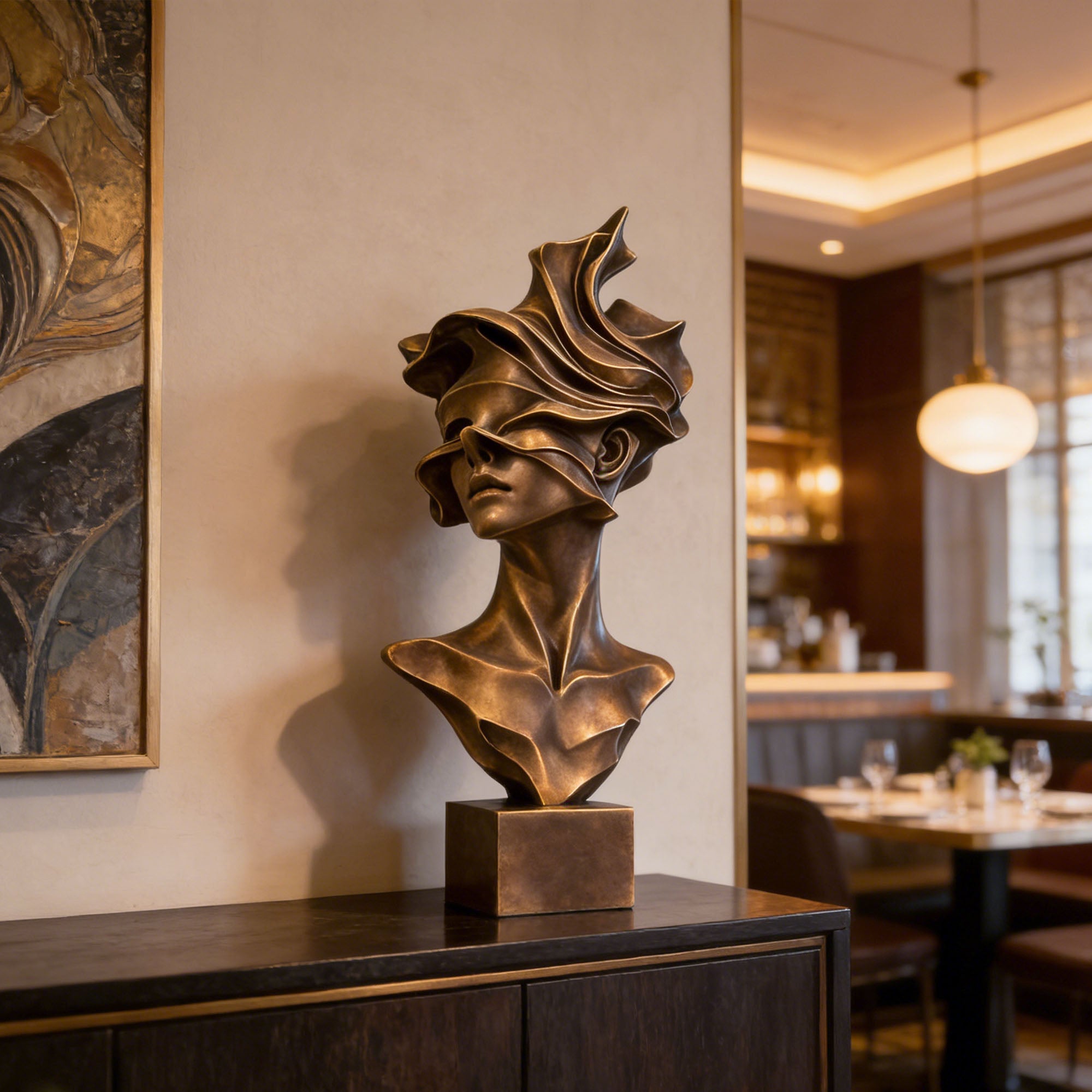 Modern bronze female bust sculpture displayed in a luxury restaurant interior, featuring abstract flowing hair, covered eyes, elegant neck lines, and artistic pedestal base