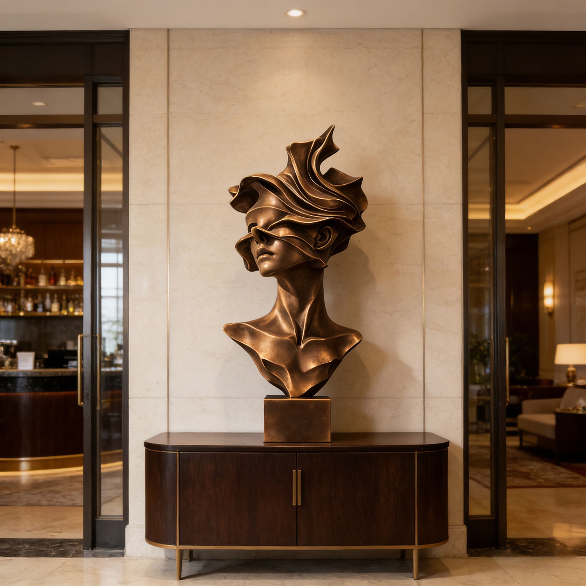 Modern bronze female bust sculpture displayed in a luxury hotel lobby, featuring dramatic abstract hair, covered eyes, warm bronze finish, and contemporary interior decor style