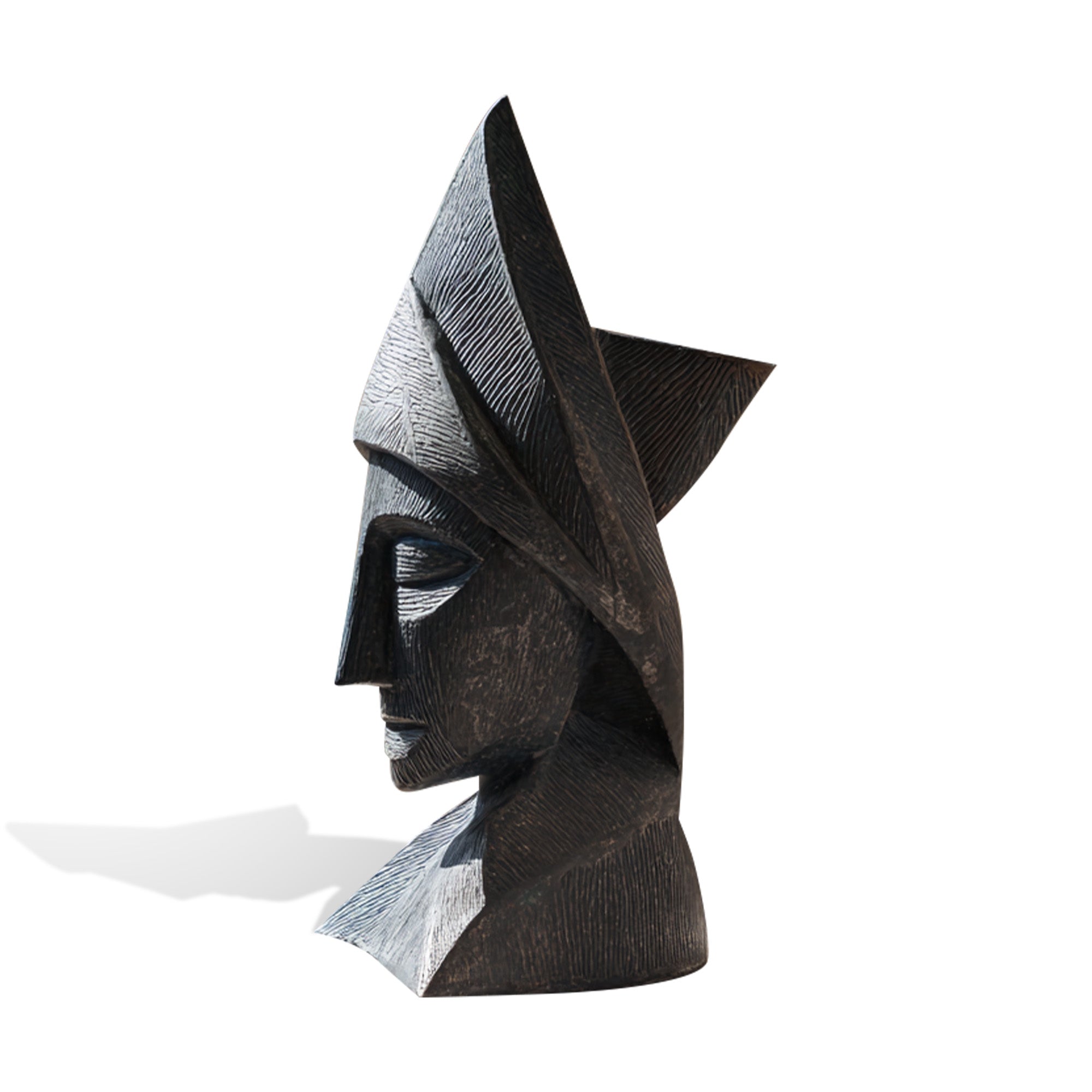 Abstract cubist bronze head sculpture with geometric facial planes, dark patina finish, textured surface, and modern portrait design on white background