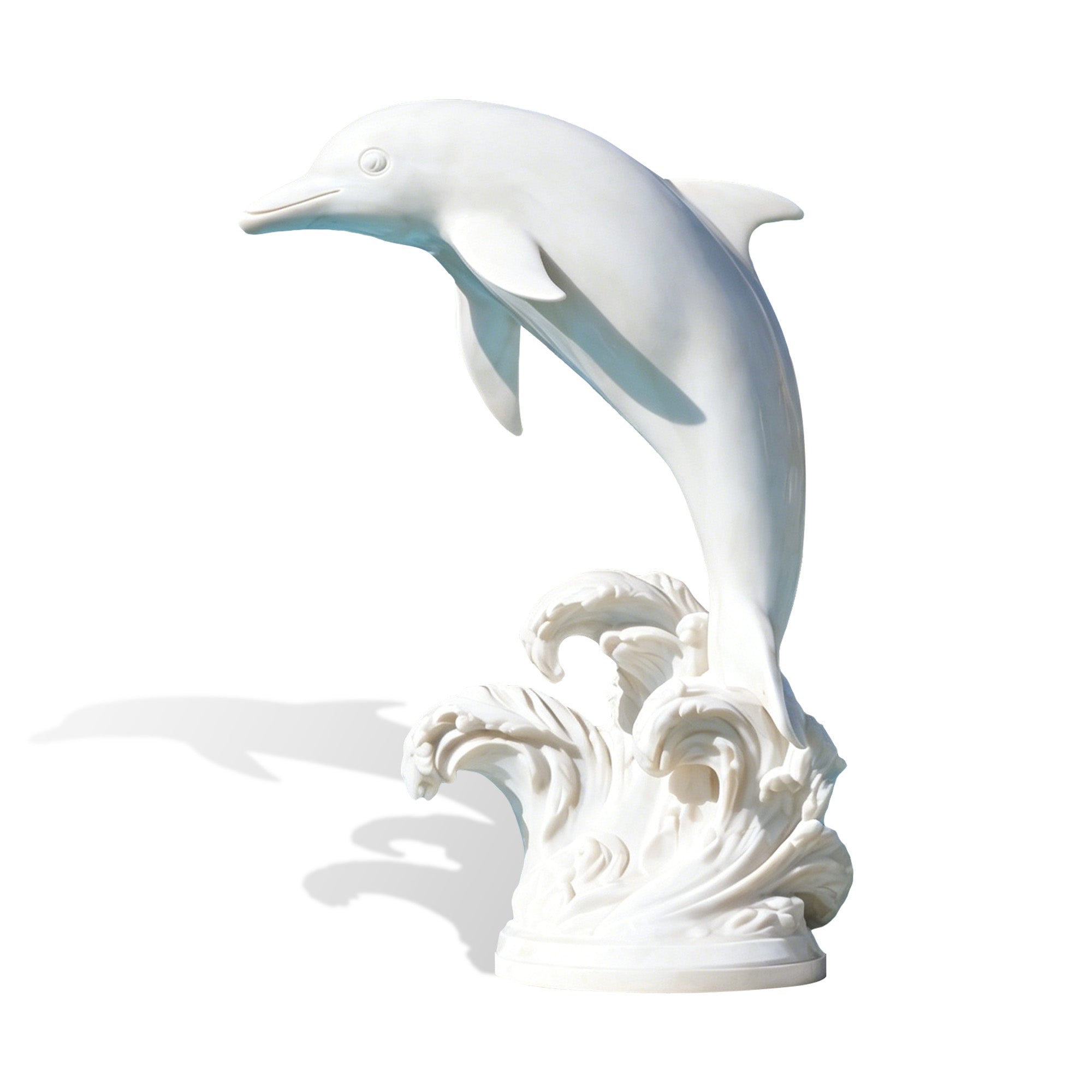 Bronze dolphin outdoor sculpture with white finish, leaping dolphin form, carved wave base, and round pedestal on white background