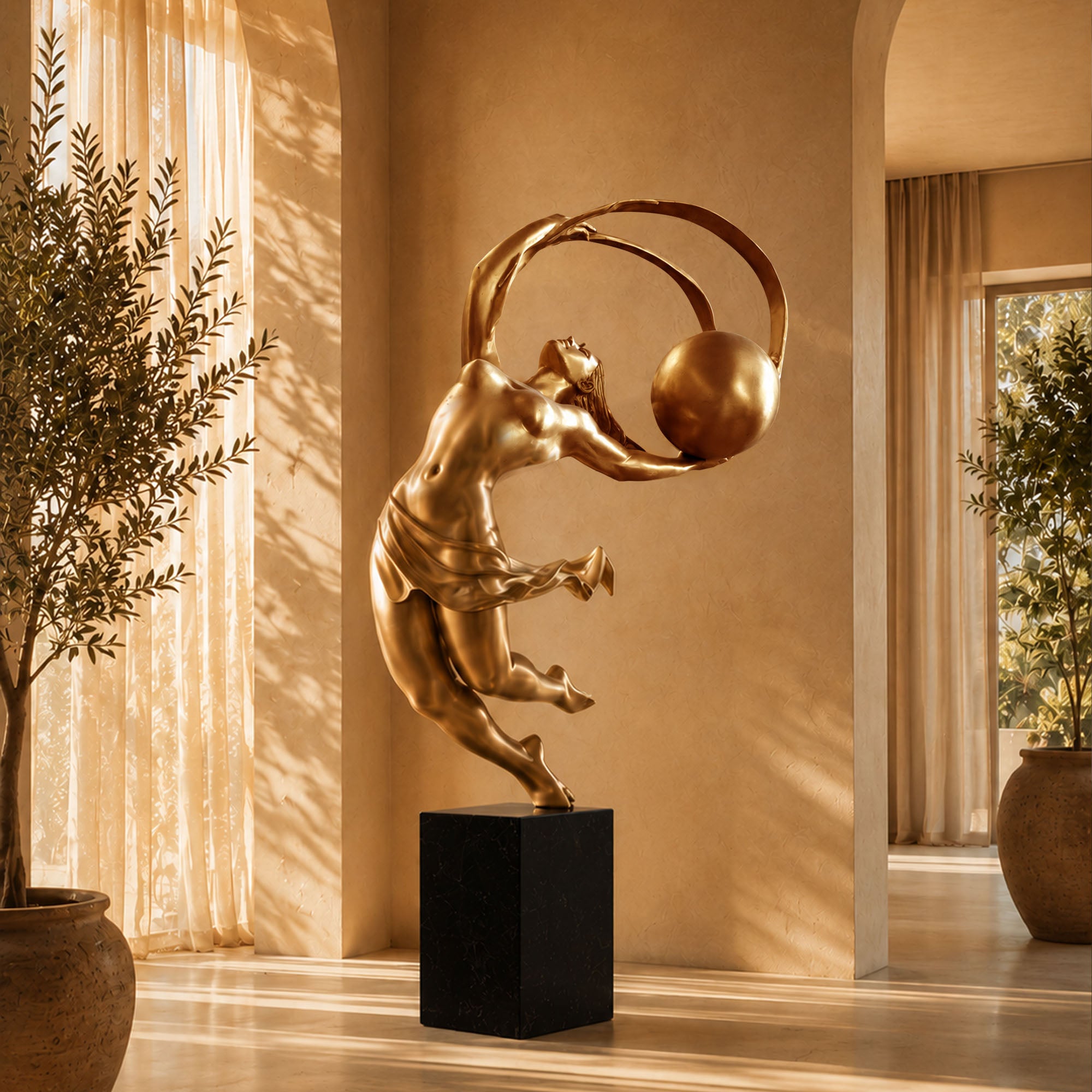 Modern bronze female sculpture featuring a graceful balancing pose and suspended sphere, creating an elegant statement piece for luxury residential and hospitality interiors.