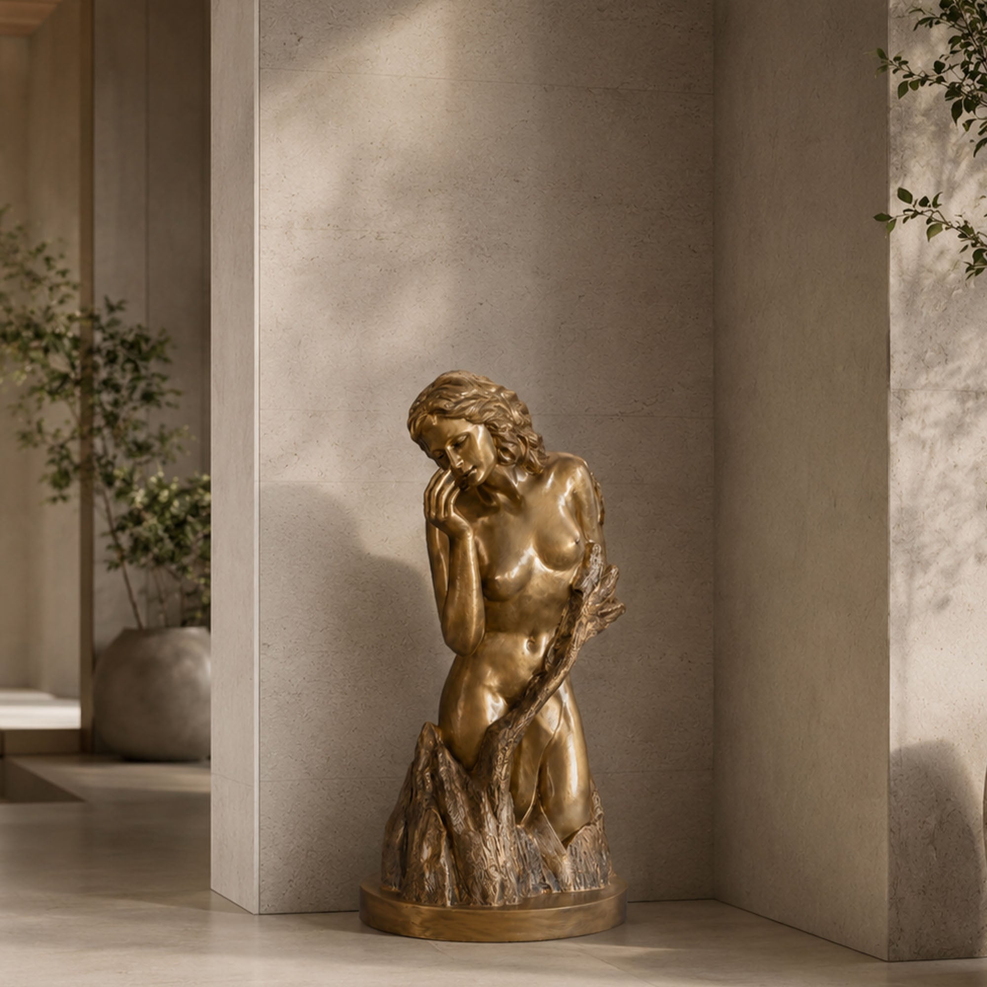 Elegant bronze woman sculpture with lowered gaze and reflective pose, standing on organic base as a luxury interior art centerpiece.