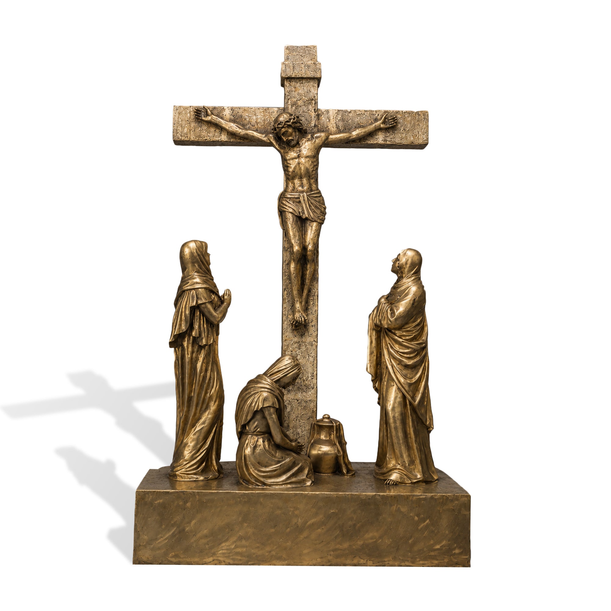 Three-dimensional bronze religious altar sculpture of Calvary scene with Jesus and mourning figures.
