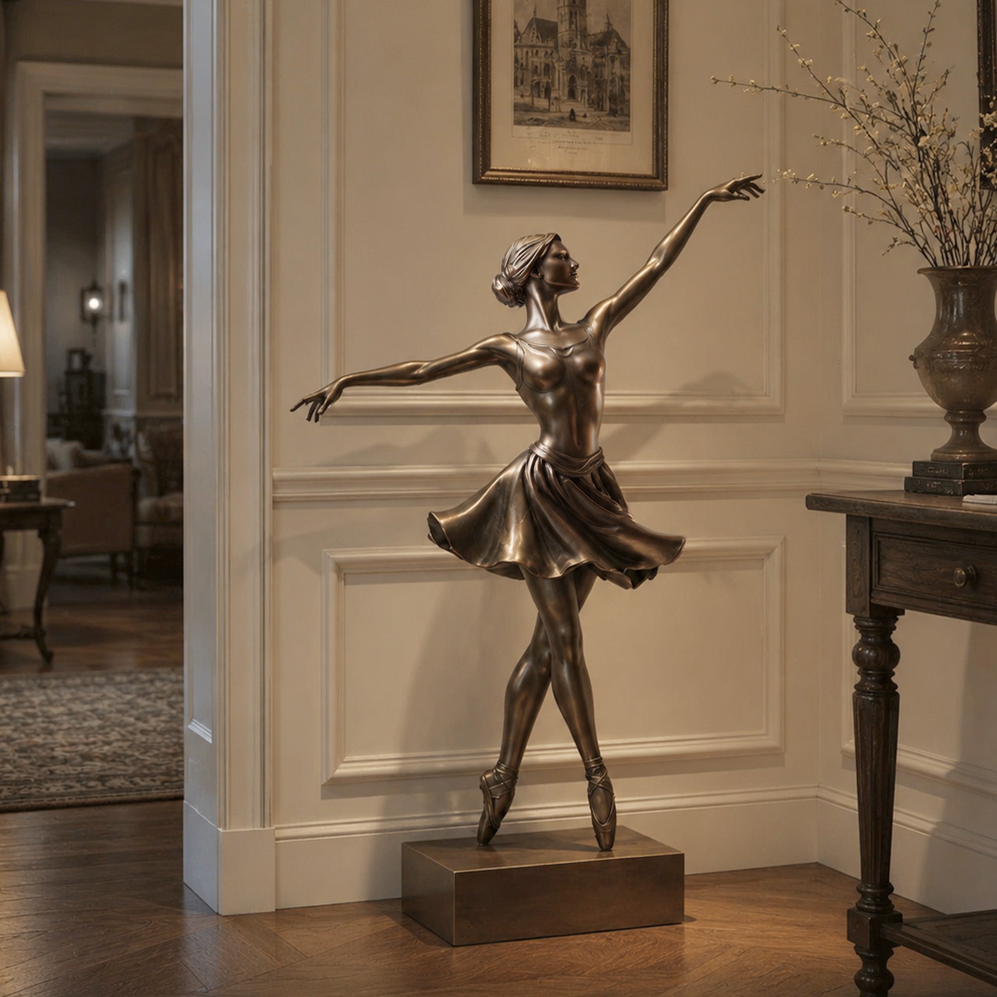 Handcrafted bronze ballerina statue with antique bronze finish, featuring a graceful en pointe pose that adds timeless elegance to sophisticated residential and hospitality interiors.