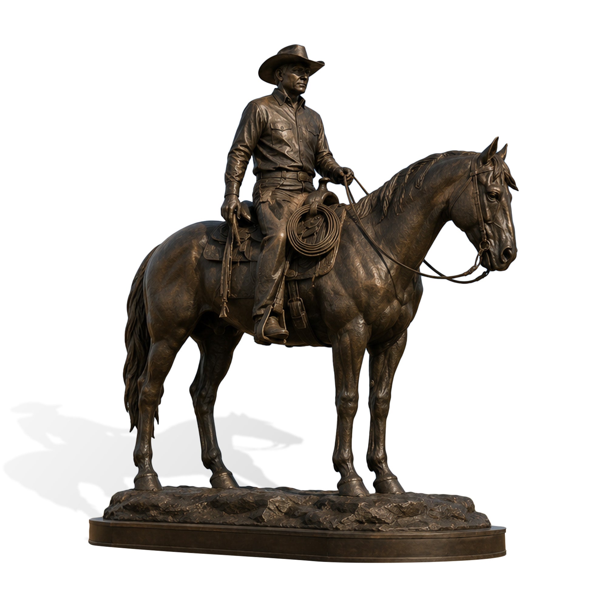 Lifelike bronze equestrian statue of a cowboy on horseback, showcasing antique patina finish and Western heritage design.
