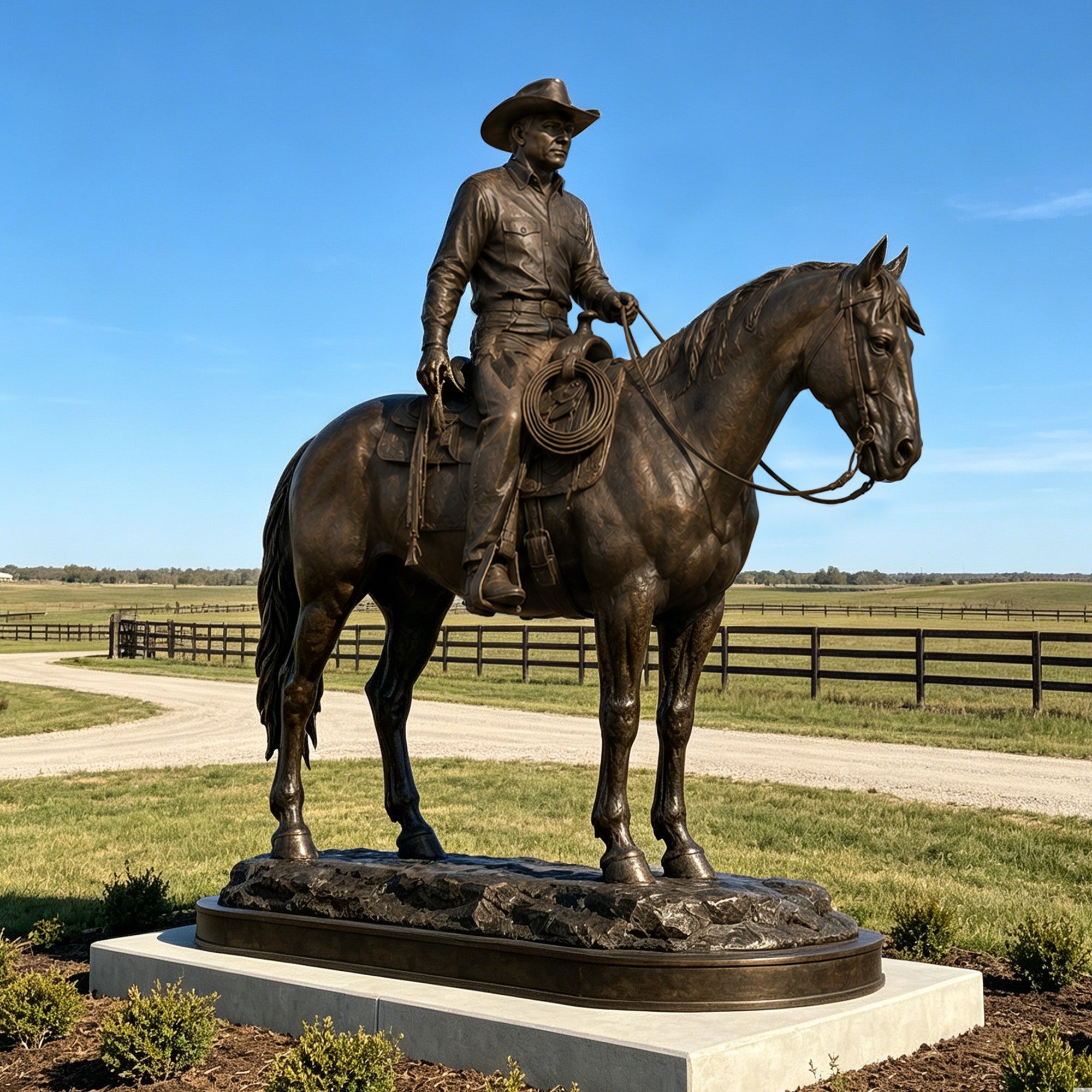 Front view of a lifelike bronze cowboy statue mounted on a horse, featuring authentic western attire, coiled rope, and detailed saddle, set against an outdoor ranch landscape.