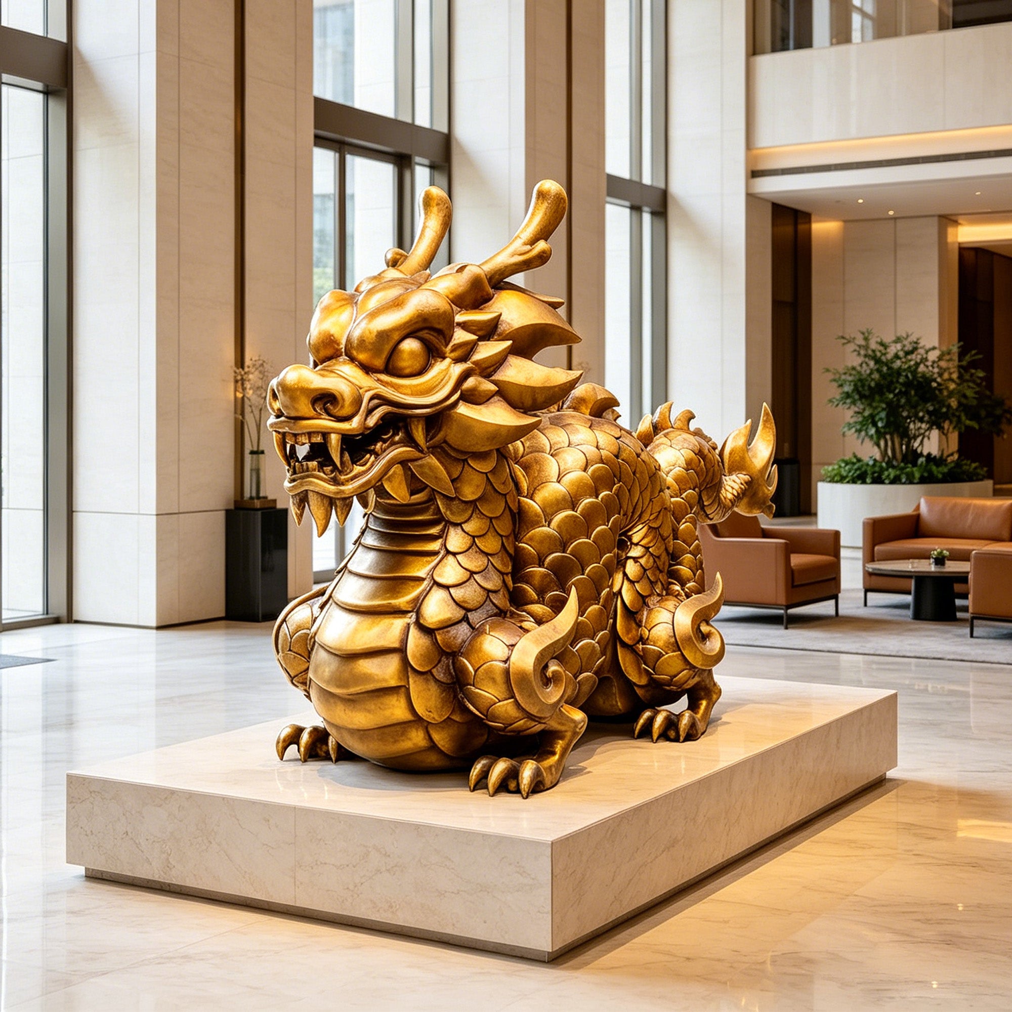 Golden bronze zodiac dragon sculpture displayed on a marble pedestal in a luxury lobby with detailed scales, open mouth, curved horns, clawed feet, and symbolic Chinese dragon form.
